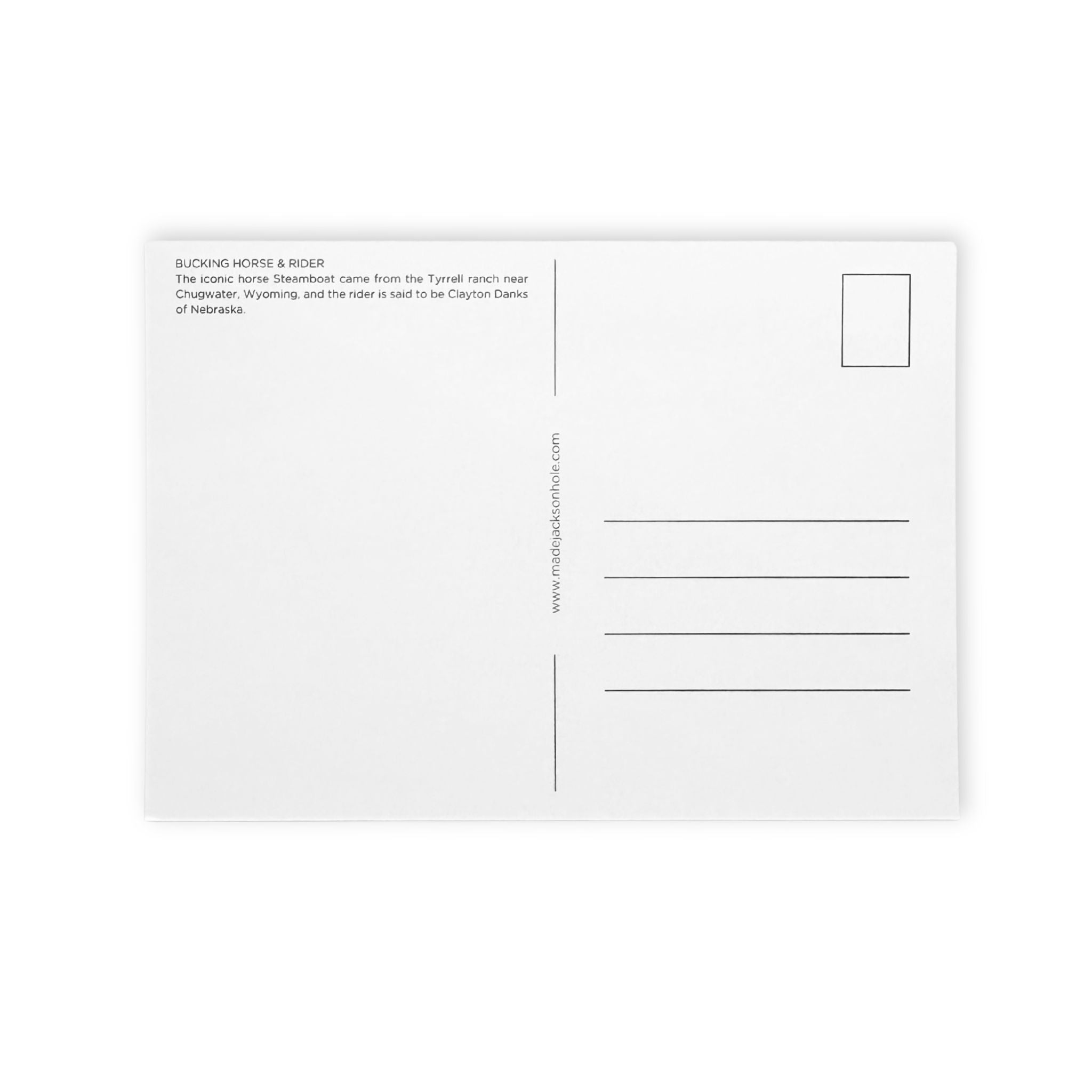Back of a white postcard with text and a rectangular area for an image on a white background