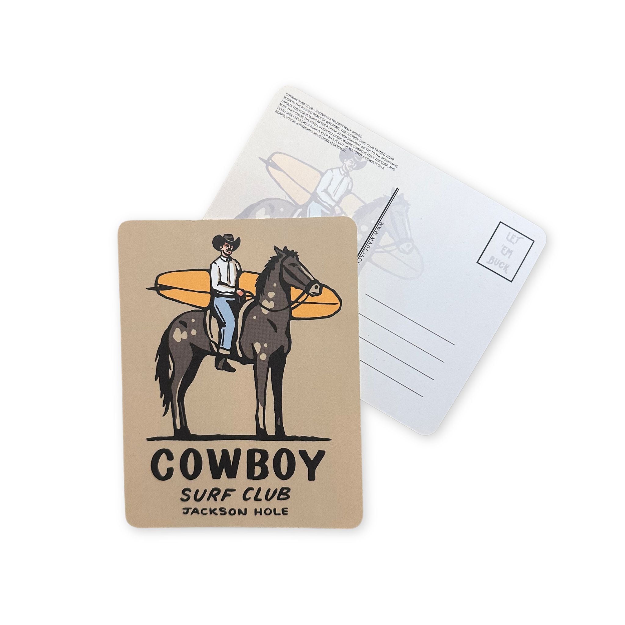 Cowboy on a horse, with a surfboard. Text reads "Cowboy Surf Club, Jackson Hole."
