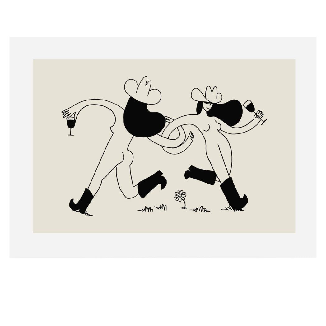 Illustration of two women in cowboy hats and boots holding wine glasses on a beige background.