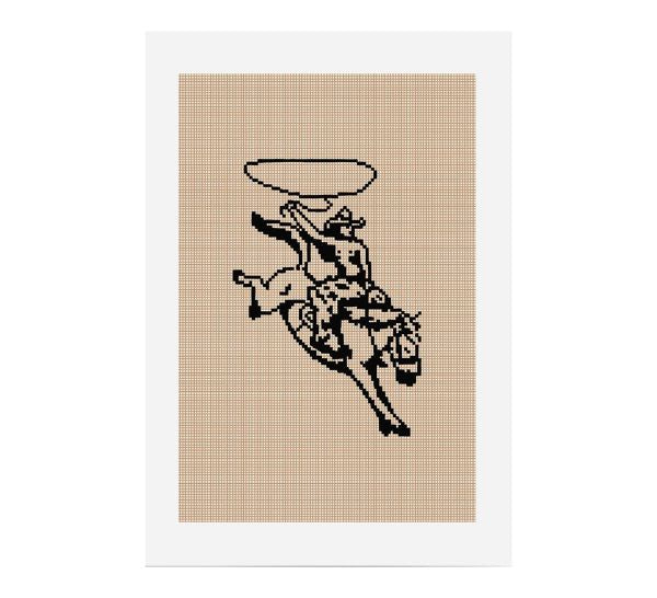 Cross-stitched design of a cowboy riding a bucking bronco on a textured beige background.