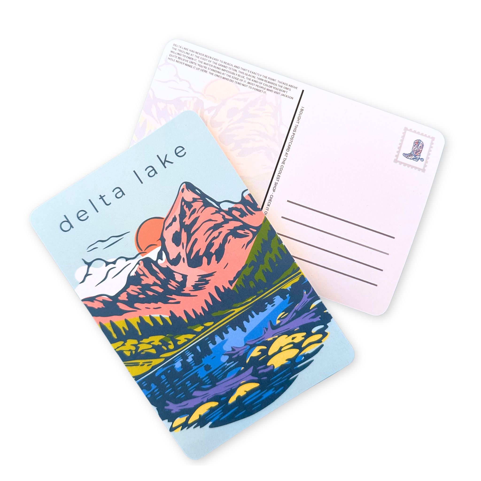 Postcard with mountain design and 'delta lake' text on a white background