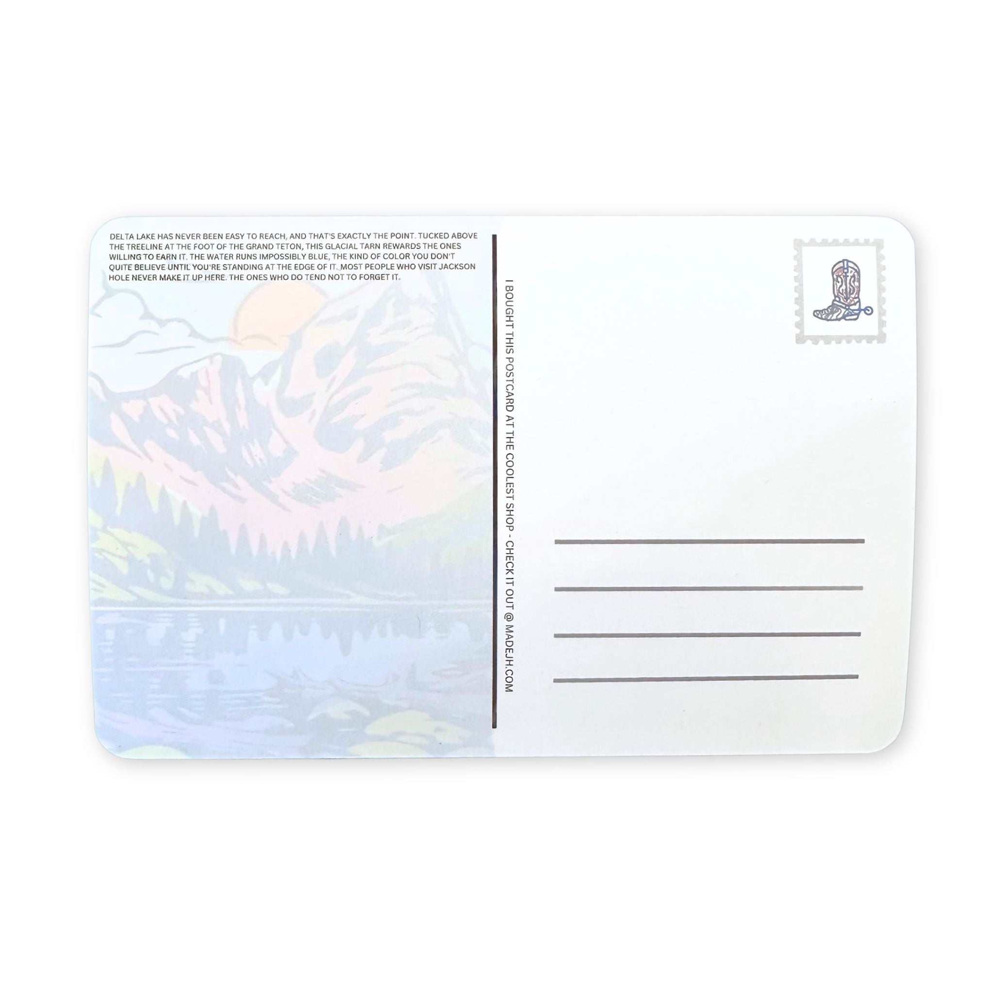Postcard with a colorful mountain design on the left side and text on the right, featuring a logo at the top right corner.