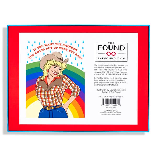 Product packaging with a colorful illustration of a person holding a rainbow and text about 'The Found' brand.