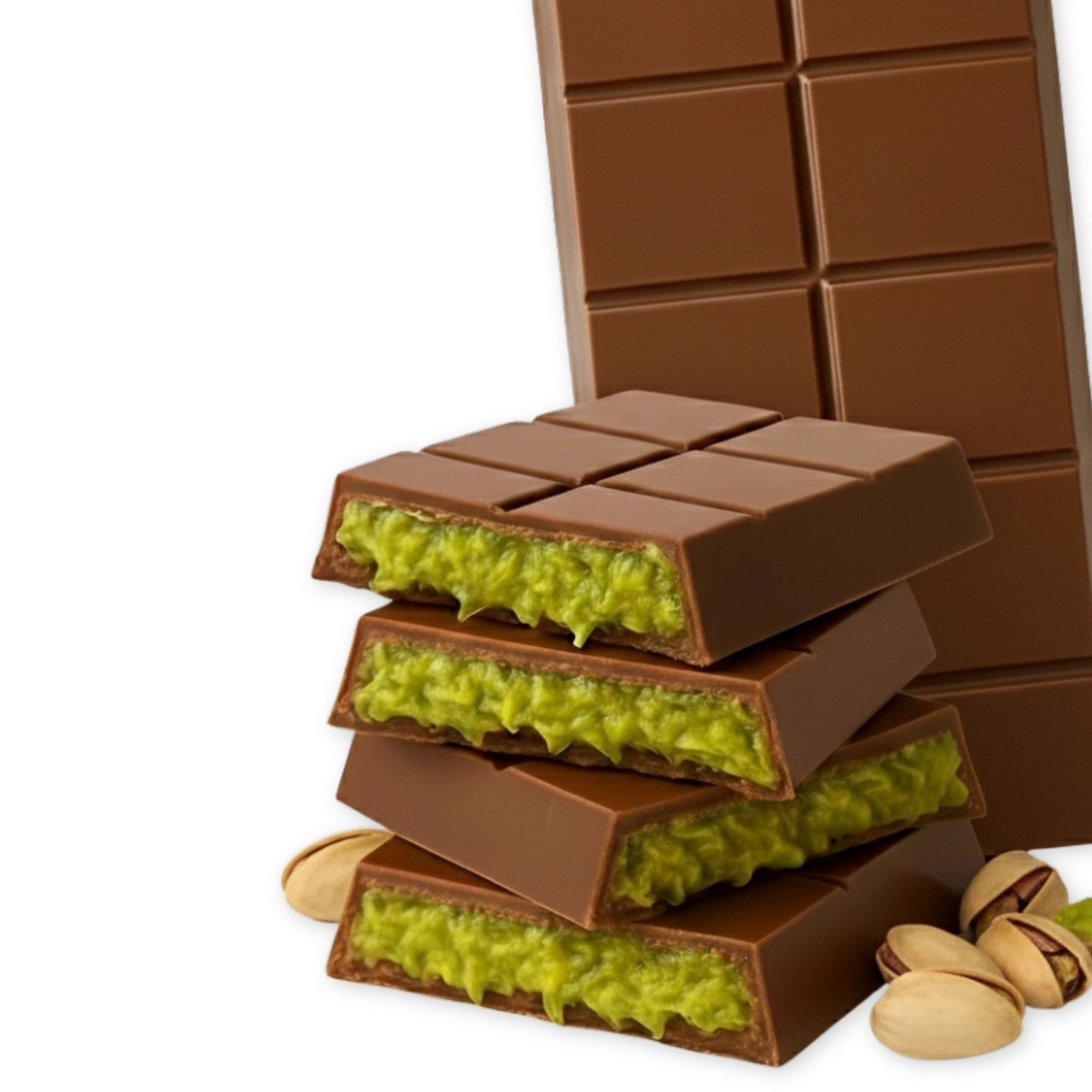 Stack of chocolate bars with green filling and pistachios on a white background