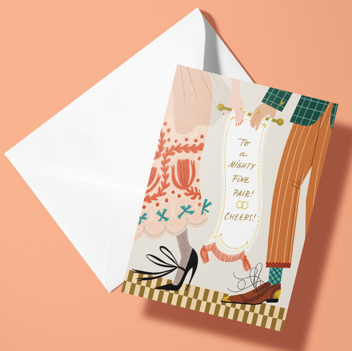 Greeting card with illustration of feet and text on a peach background