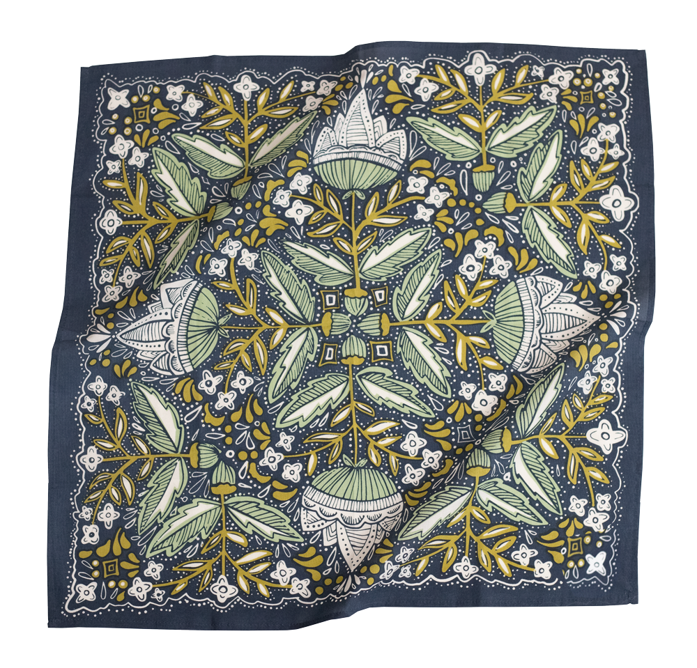 A blue bandana with gold and green floral patterns, likely made from cotton, based on the given image.