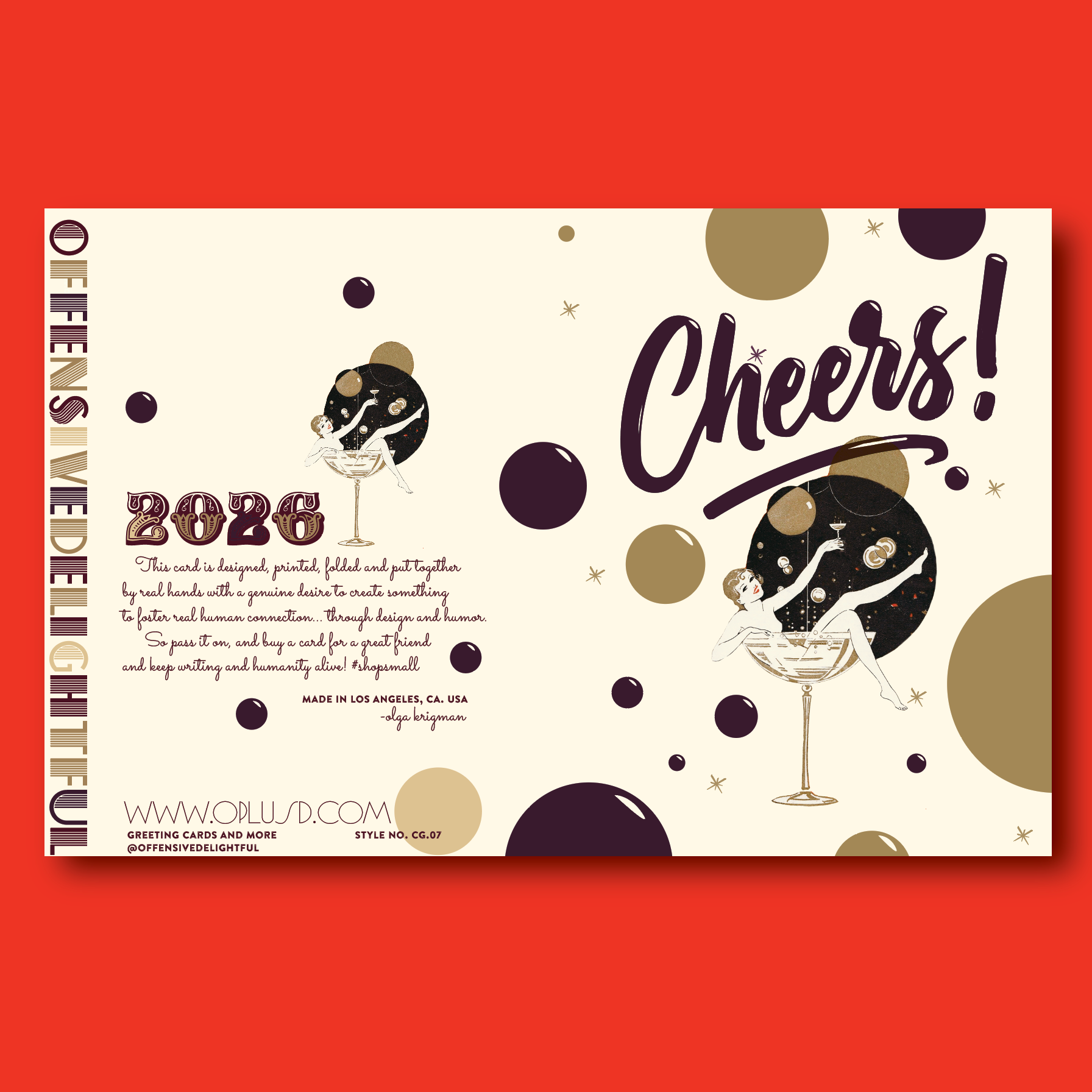 Greeting card with 'Cheers!' text and decorative elements on a red background
