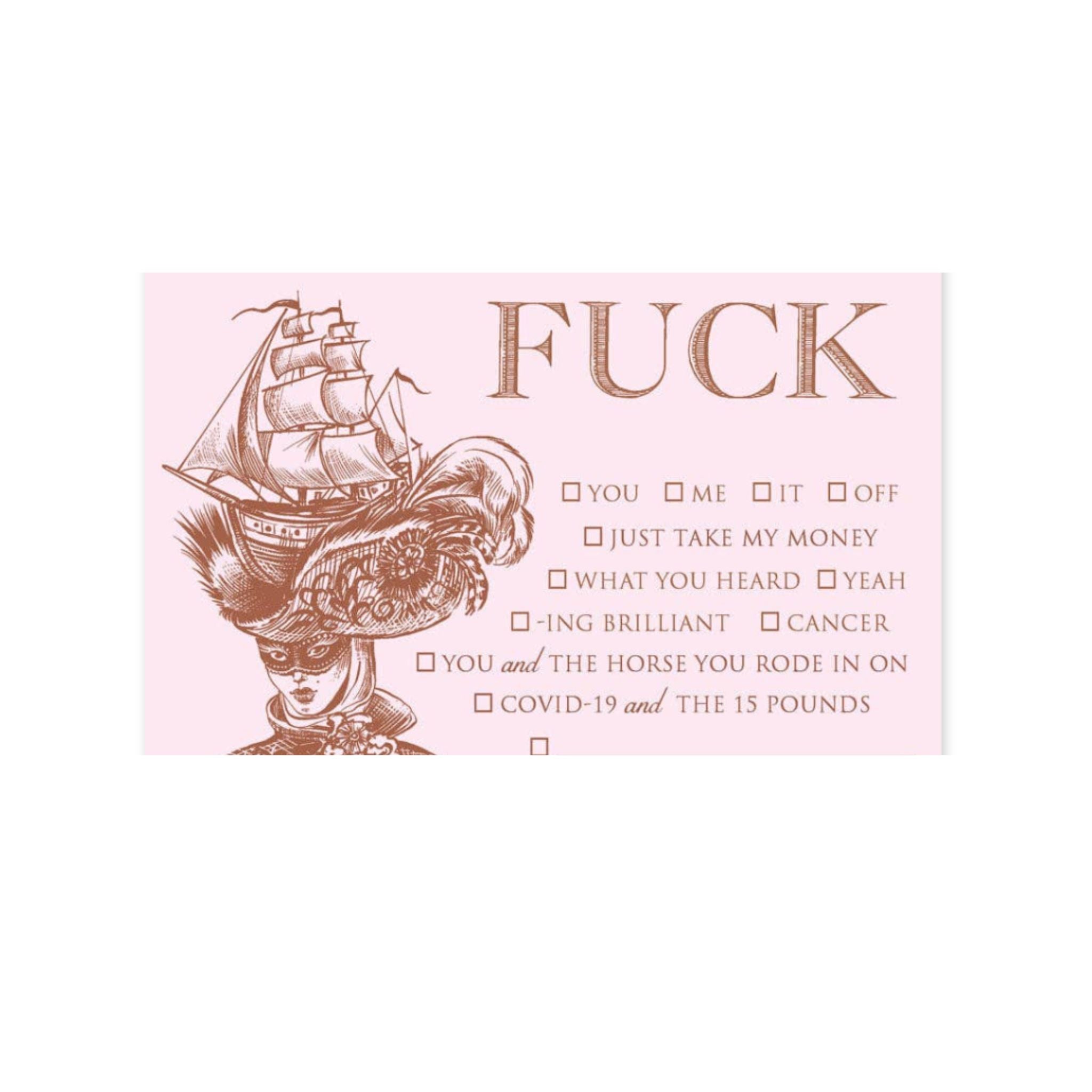 Pink card with vintage-style illustration of a woman wearing a large hat, ship, and text.