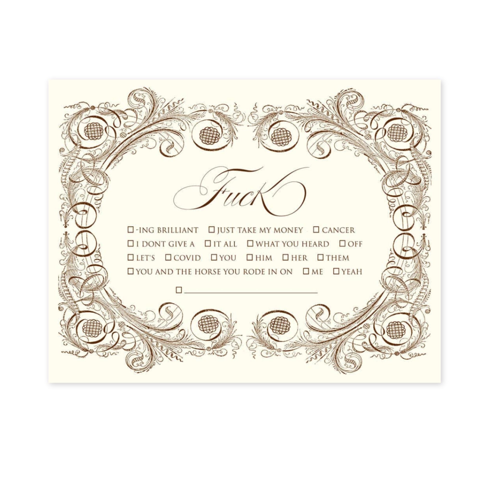 Decorative card with ornate design and text on a white background