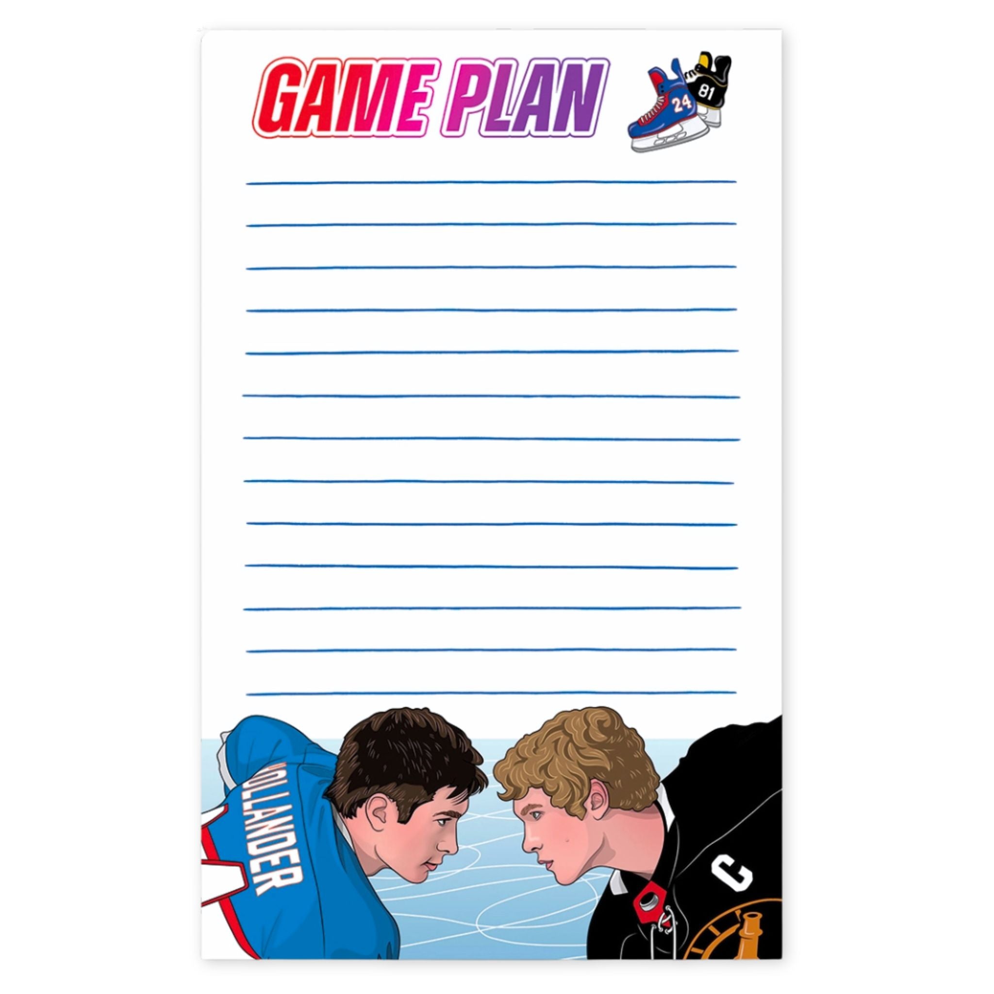 Notepad with two hockey players facing each other and 'Game Plan' text at the top.