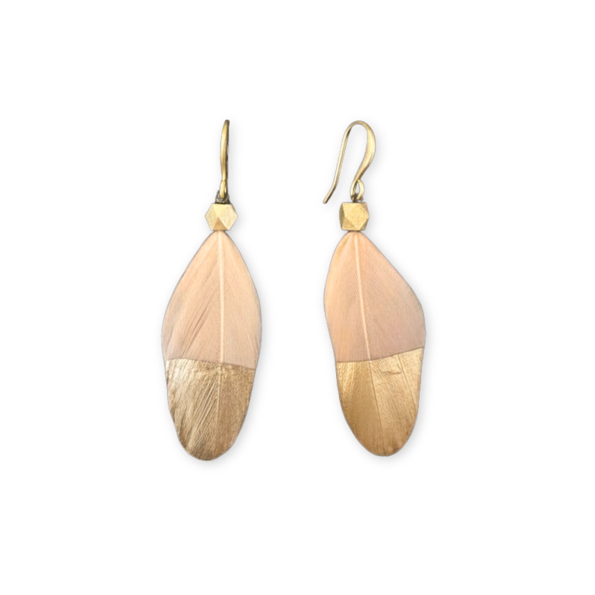 Pair of peach gold dipped feather earrings.