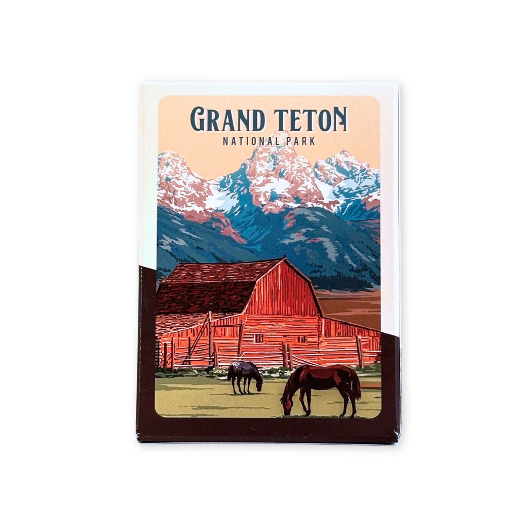 Playing Cards of Mormon Row and Horses with the Tetons behind them. Text saying " Grand Teton National Park"
