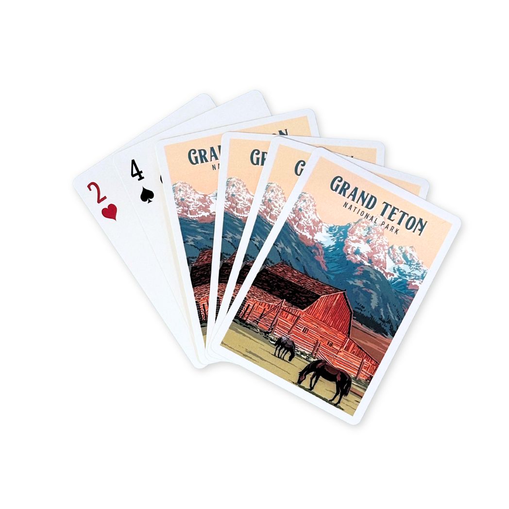 Playing Cards with Grand Teton National Park in blue text. With Mormon Row and horses depicted on it.