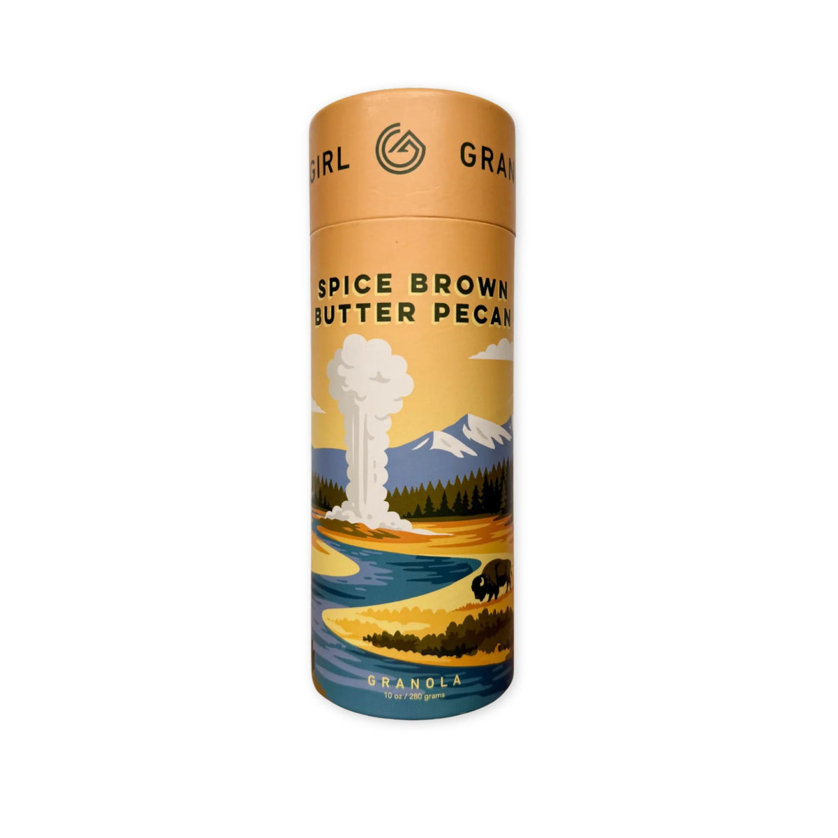 A cylindrical cardboard spice butter pecan canister with a warm tan top and a colorful landscape label featuring a geyser, mountains, river, trees, and bison. Visible text includes 'GRANOLA' and 'SPICE BROWN BUTTER PECAN'.