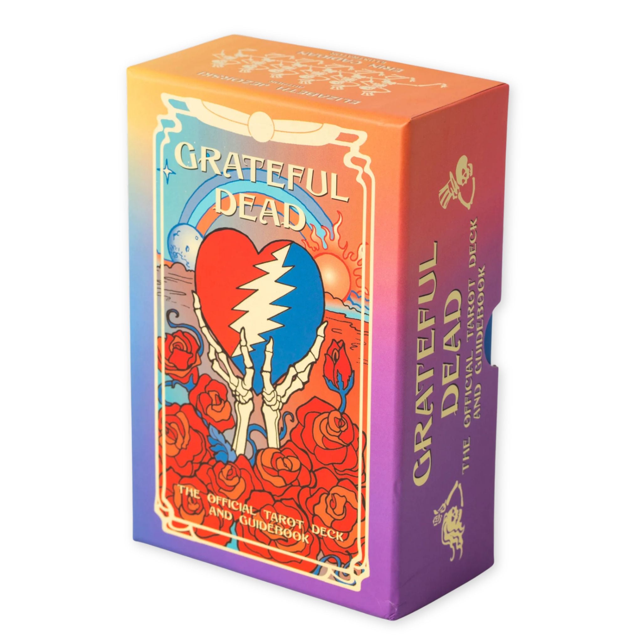 Grateful Dead 'The Sacred Heart Deck' card box featuring a vibrant gradient design transitioning from orange to purple, with a central illustration of skeletal hands holding a red and blue heart with a lightning bolt, surrounded by red roses.