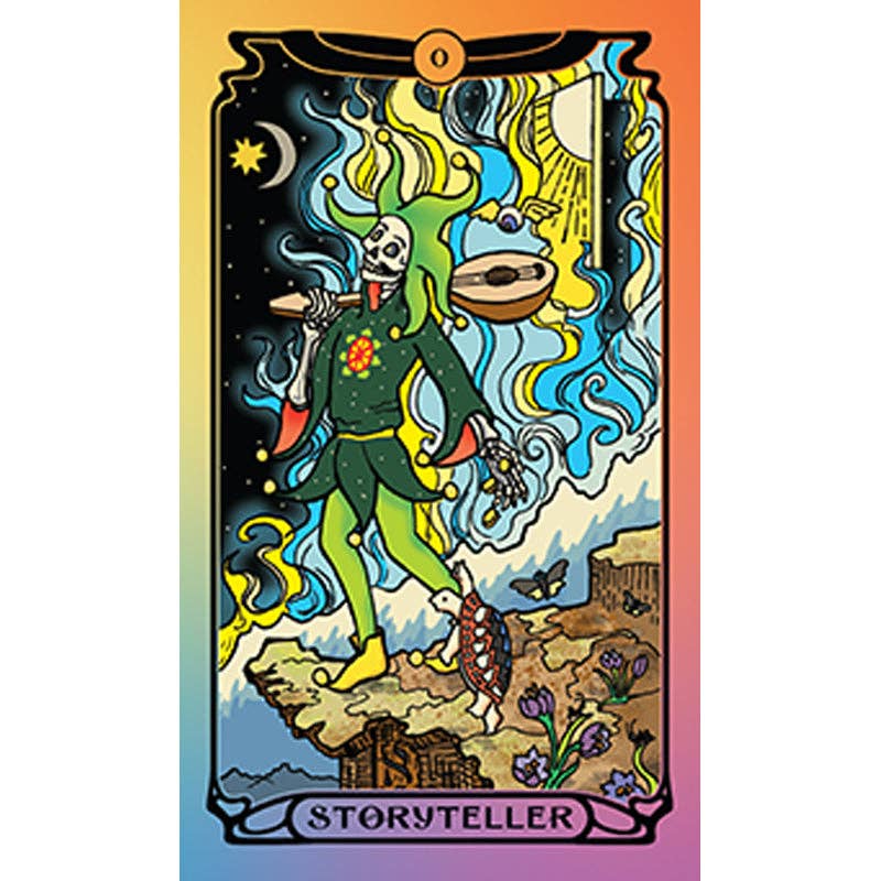 Colorful tarot card featuring a skeleton storyteller with a rainbow background