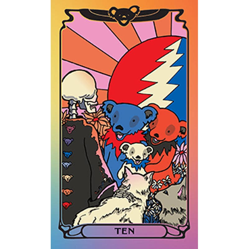 Colorful card with cartoon bears and a wolf, featuring a rainbow gradient background.