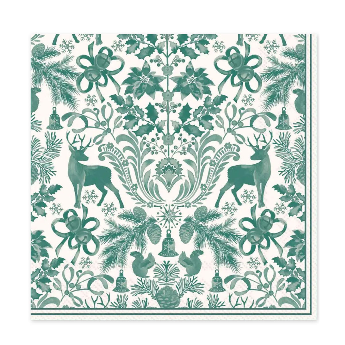 Green and white holiday cocktail napkin featuring deer, holly, pine branches, bells and snowflakes.