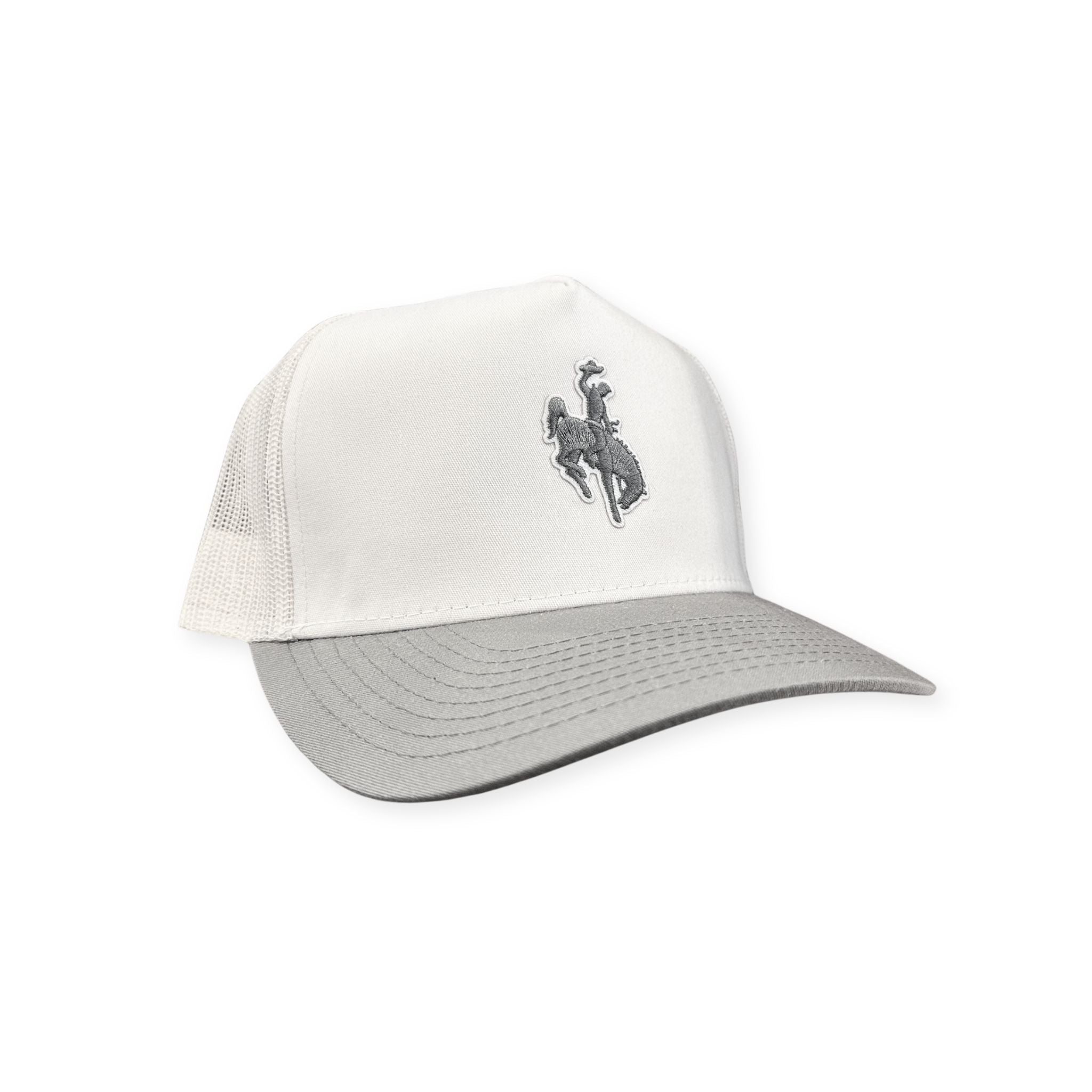 A two tone white and grey trucker hat, with a grey bronco silhouette patch.