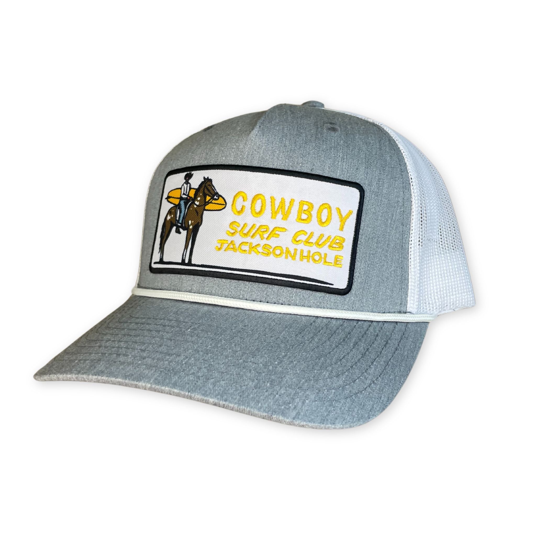 Grey trucker hat with white mesh. Patch on the front.