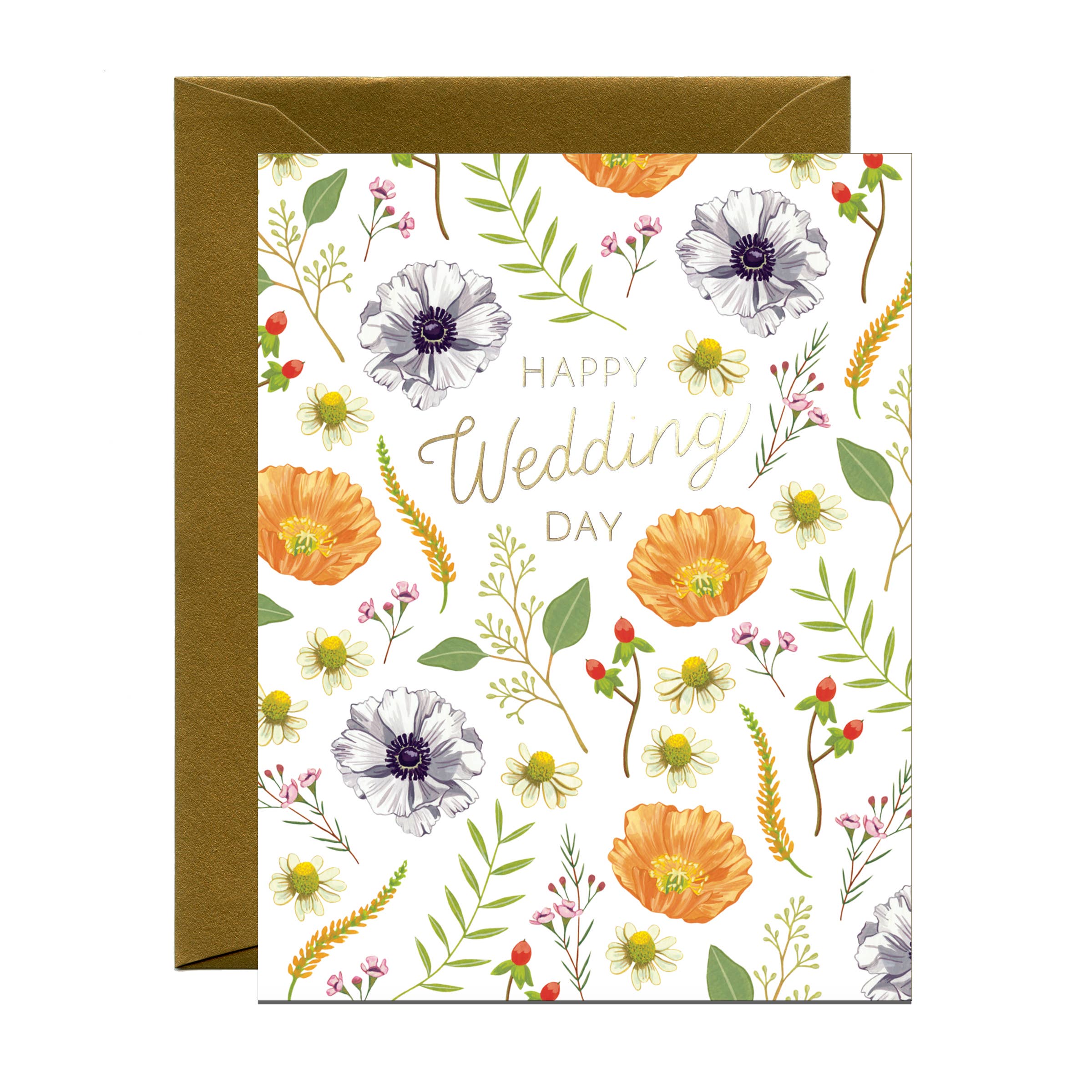 Greeting card with floral design and 'Happy Wedding Day' text on a white background