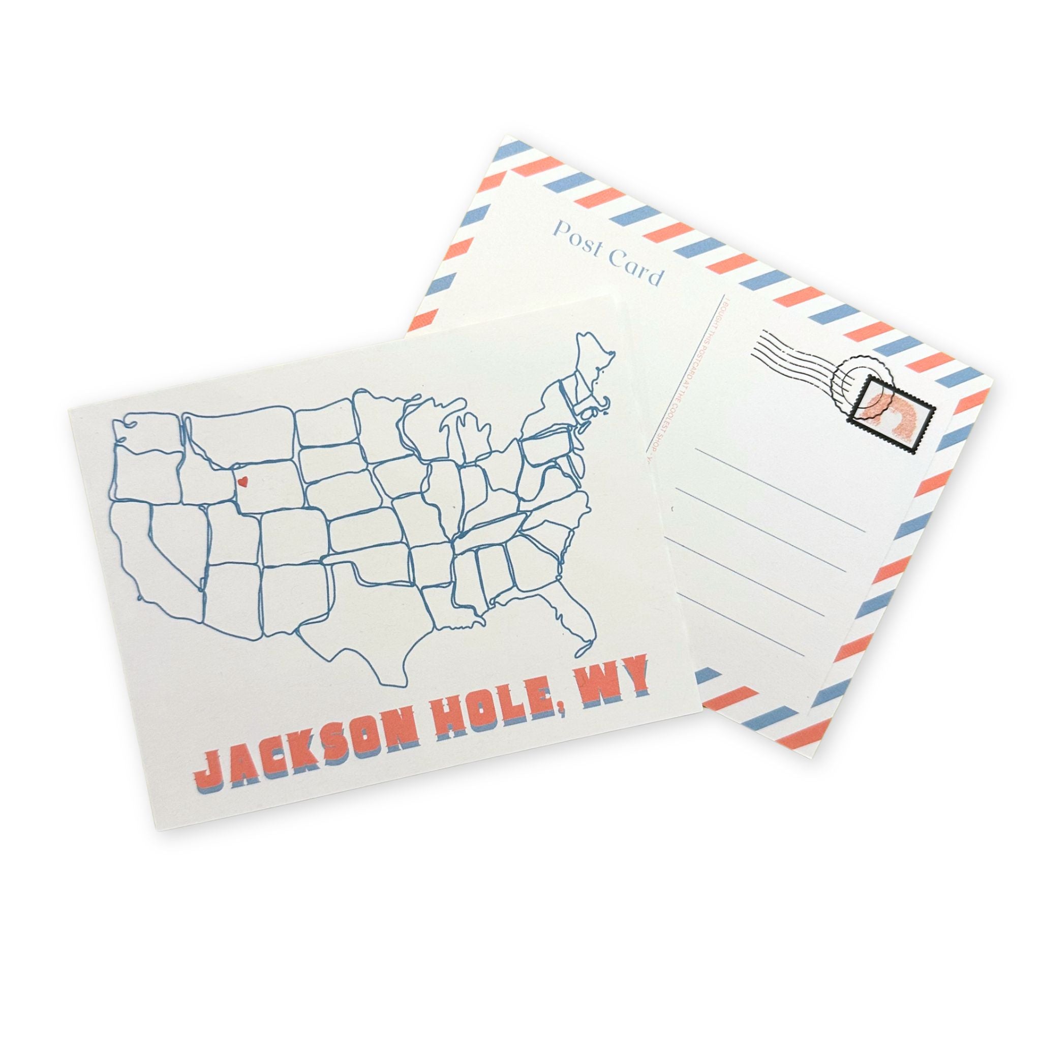 Postcard with map of the United States and a red heart where Jackson Hole is. 'Jackson Hole, WY' printed on it, featuring an airmail design.