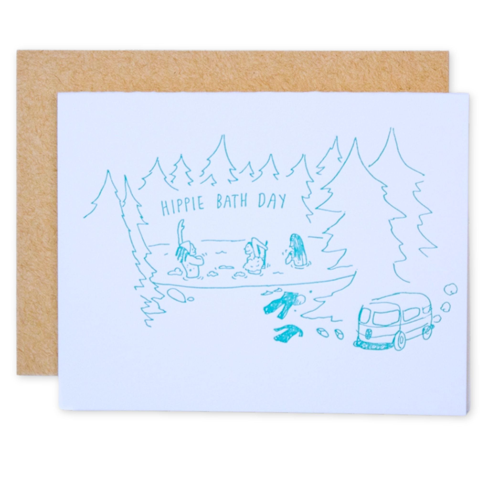 Greeting card with blue line art of a bathtub, campervan, and nature scene on a light blue background.