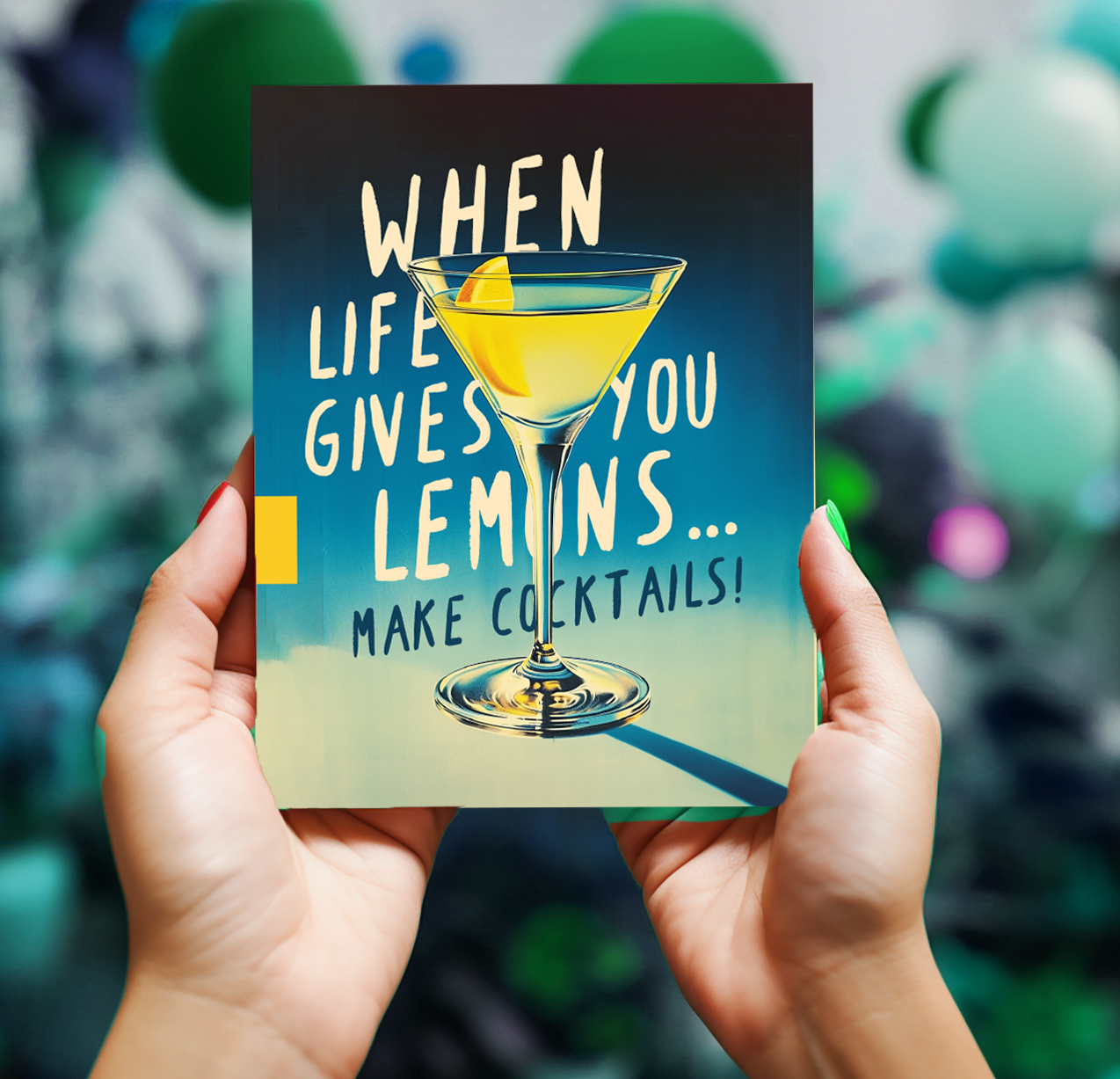 Card with cocktail illustration and text held by hands against a blurred green and blue background