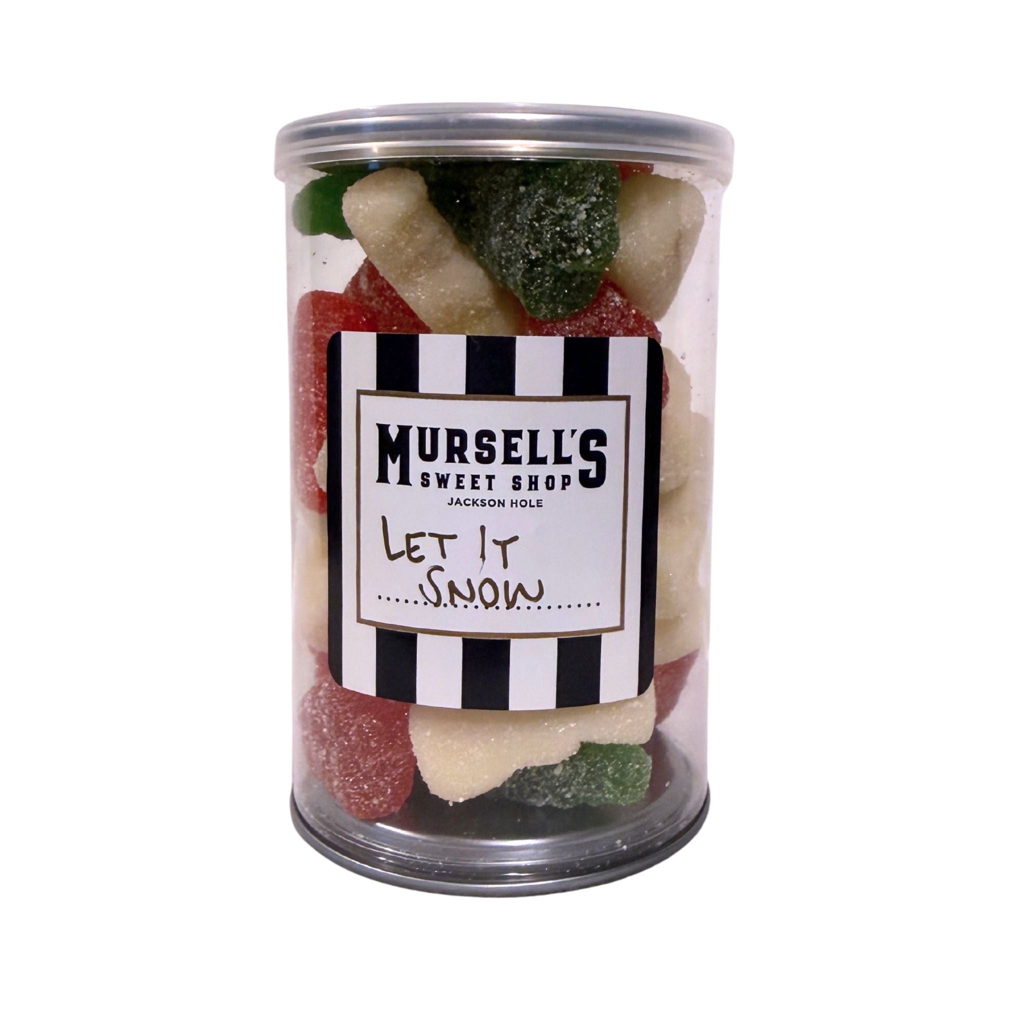 Clear jar filled with gummy candies labeled 'Mursell's Sweet Shop Let It Snow' on a white background