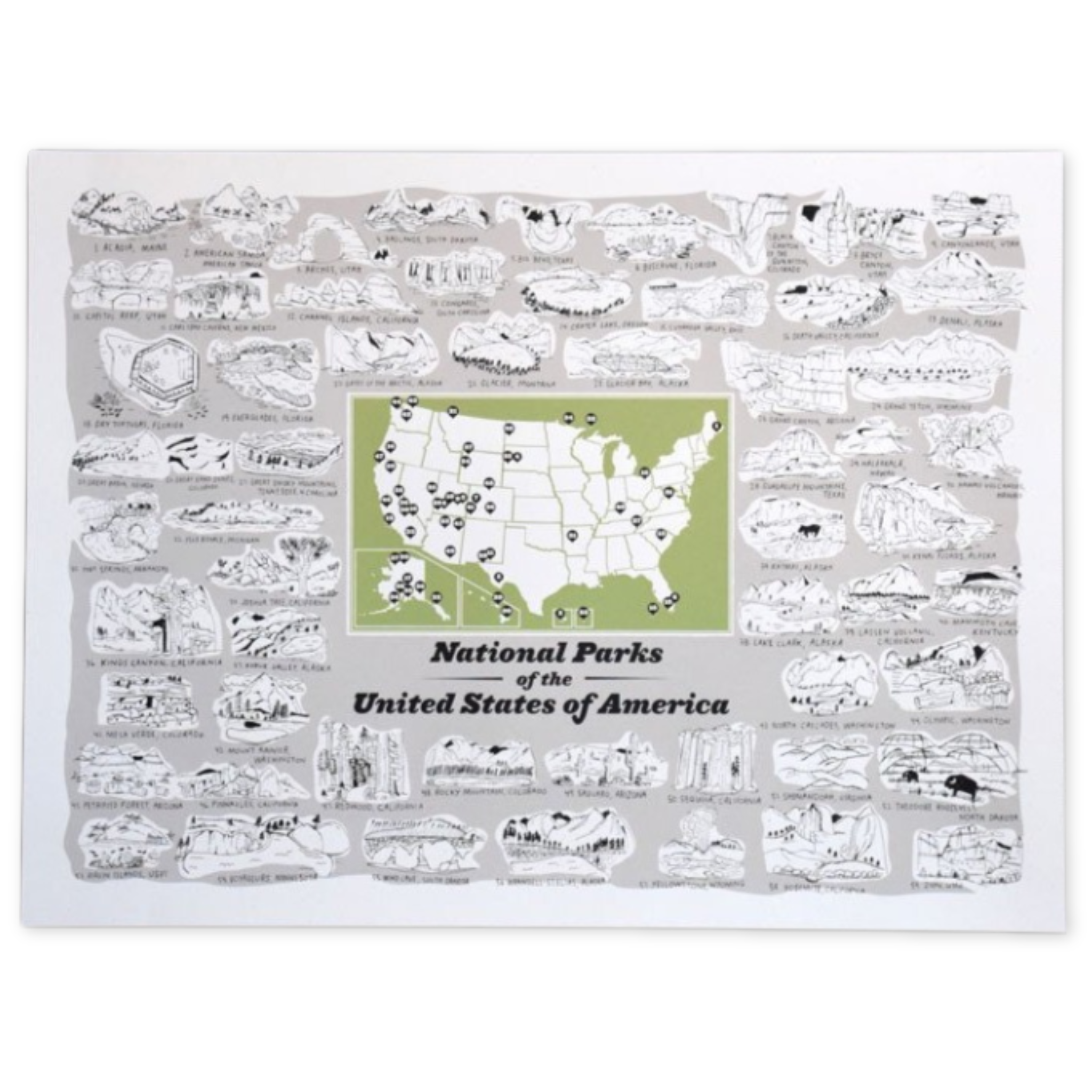 screen print featuring alphabetical list of all of the national parks in america