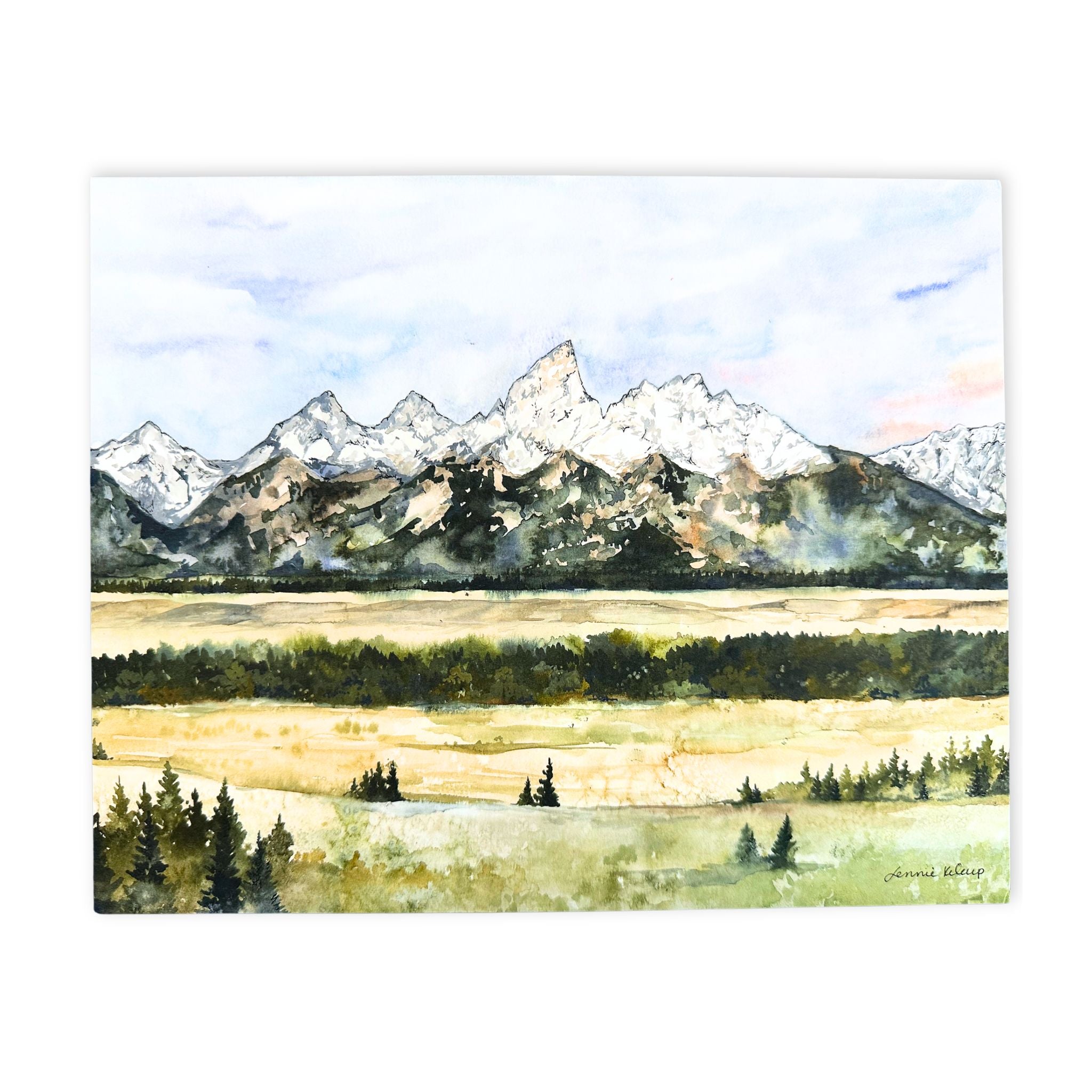 Watercoloring painting of the infamous tetons.