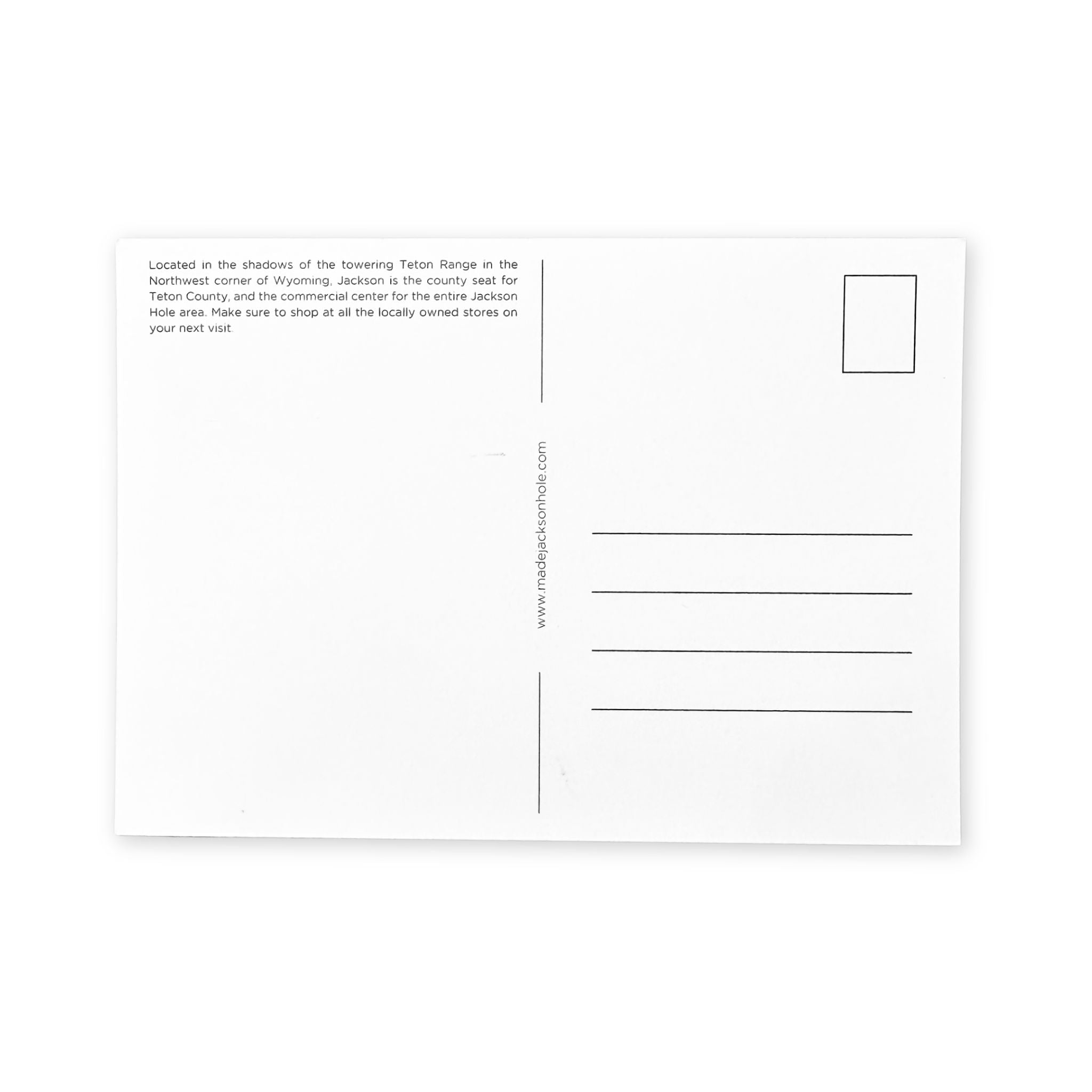 Back of a postcard with text and a rectangular area for an image on a white background