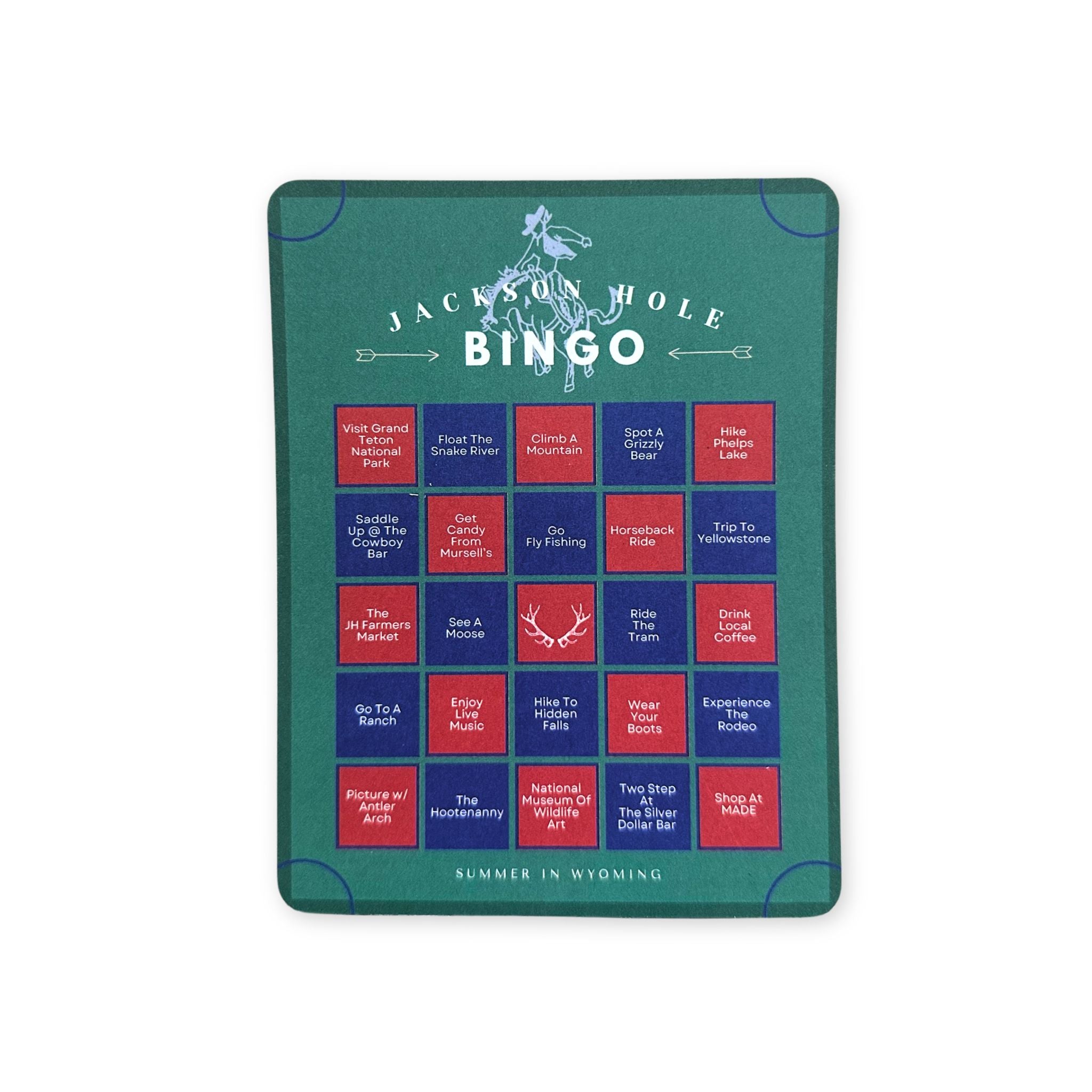 A postcard the looks like a bingo card, showing many different things you can try a complete during your trip to Jackson Hole.