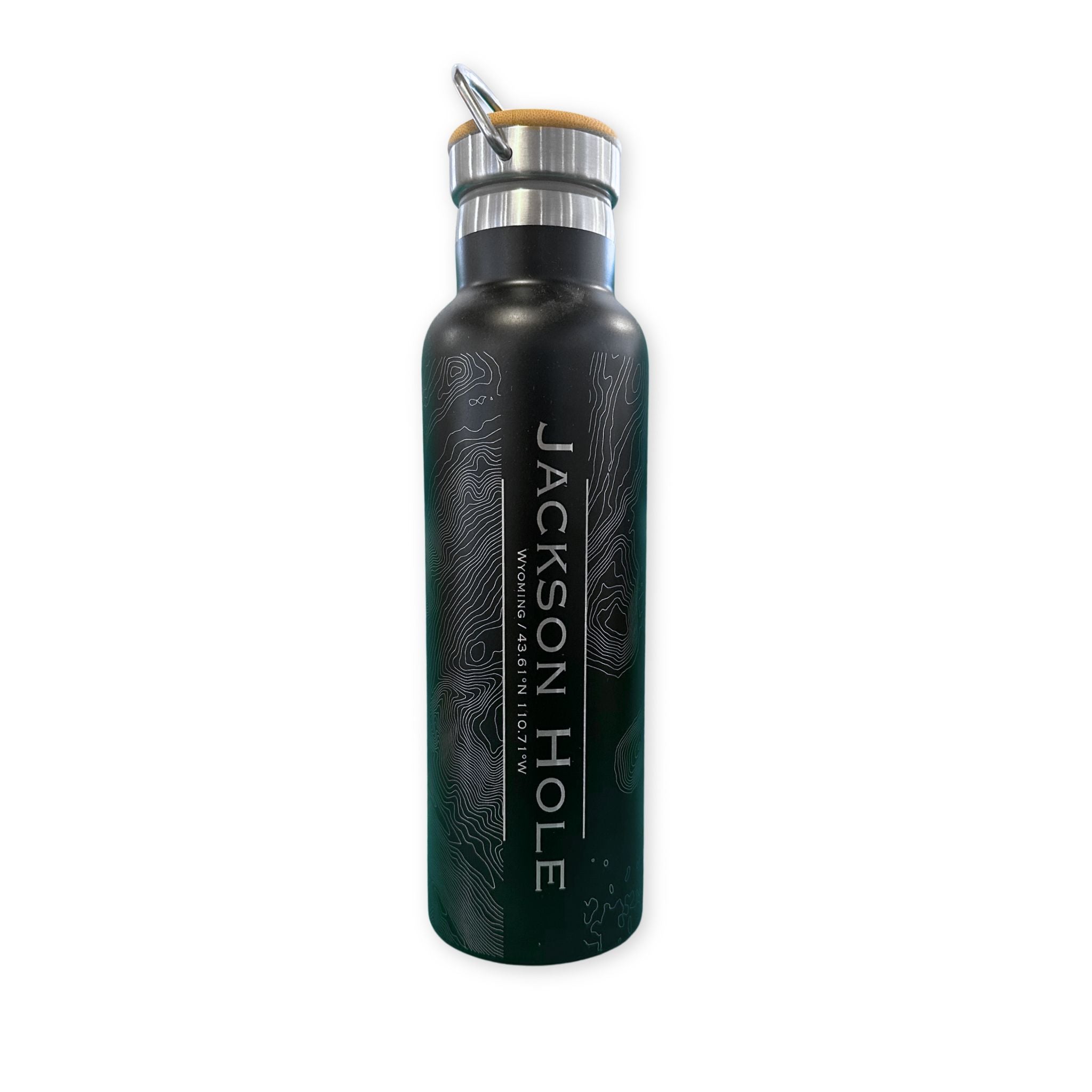 Topographical map of Jackson Hole on a black insulated water bottle with a bamboo lid.