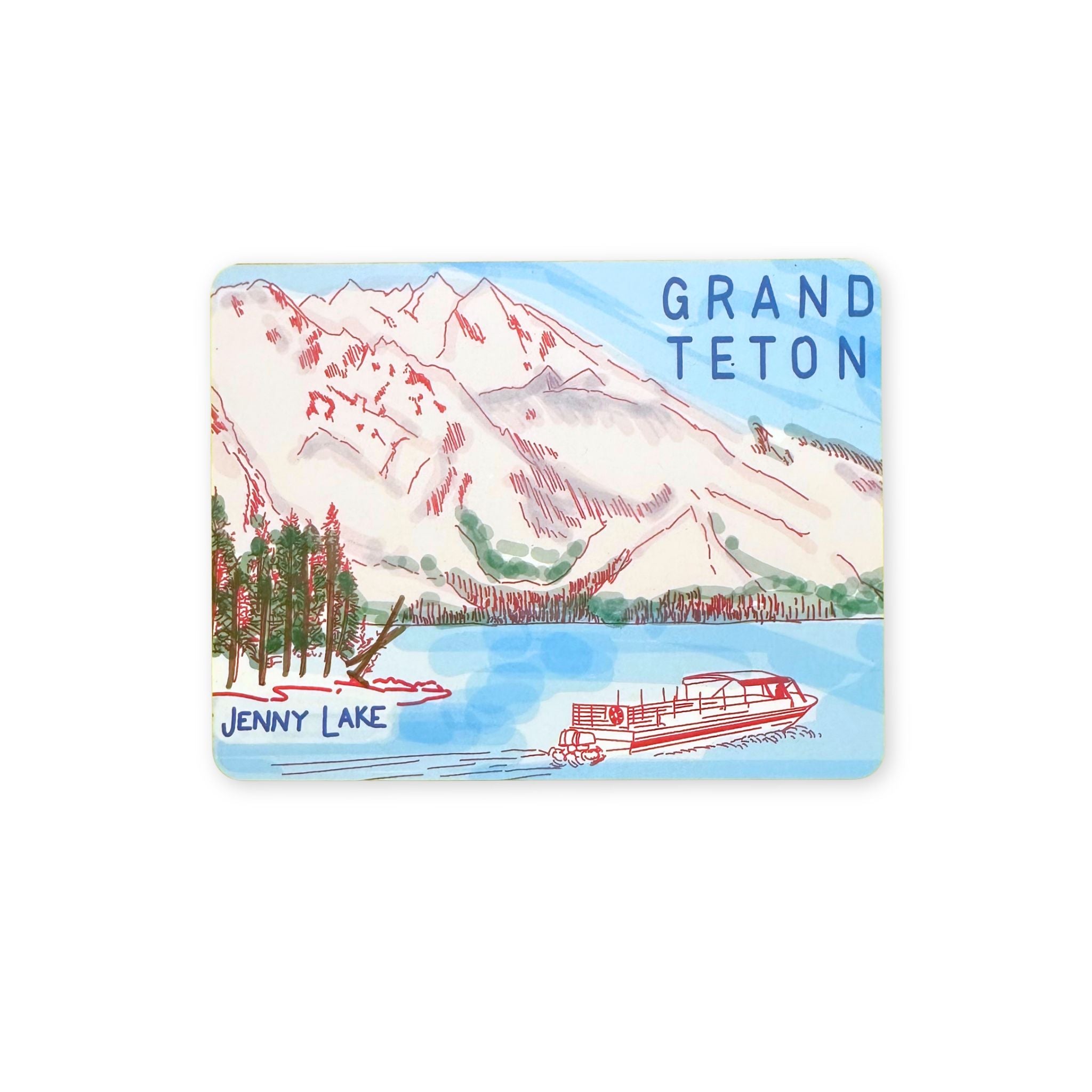 Illustration of Grand Teton National Park with a boat on Jenny Lake