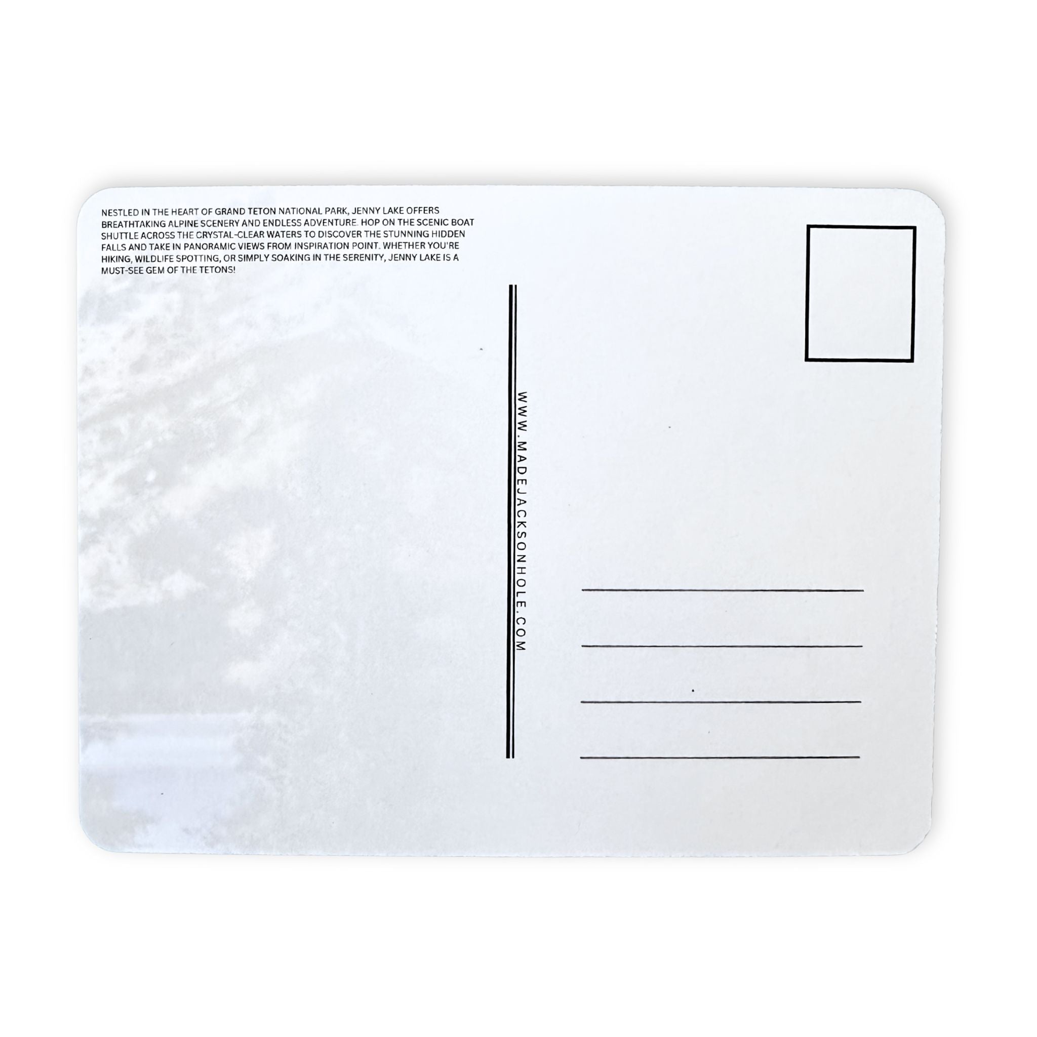 Back of a postcard with text and a website URL on a white background