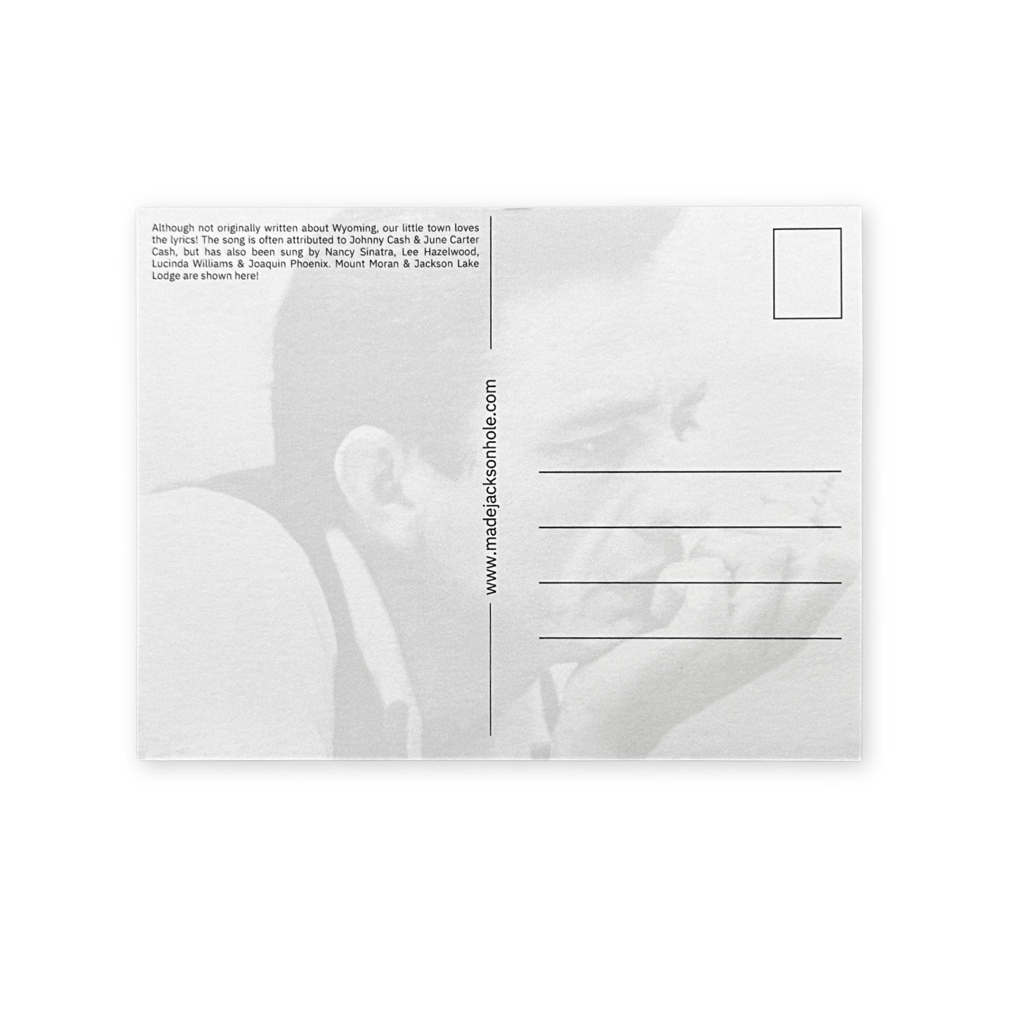 Back of postcard with an image of Johnny Cash and a place for writing.