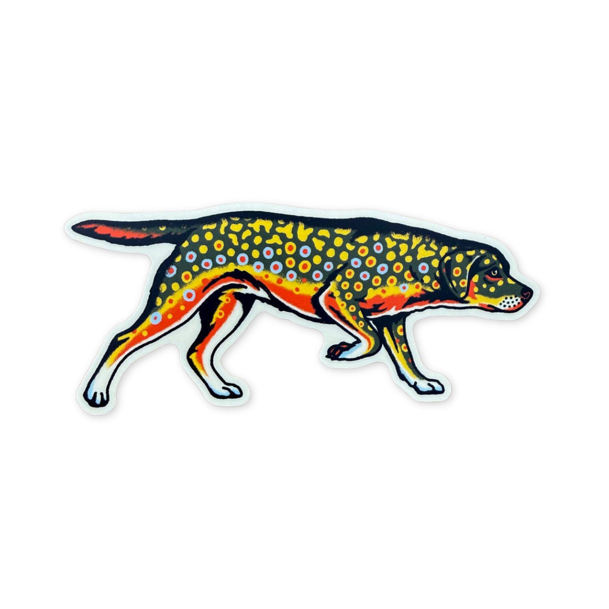 A die-cut sticker of a stylized walking fishdog with a spotted pattern in yellow, orange, red, and blue.