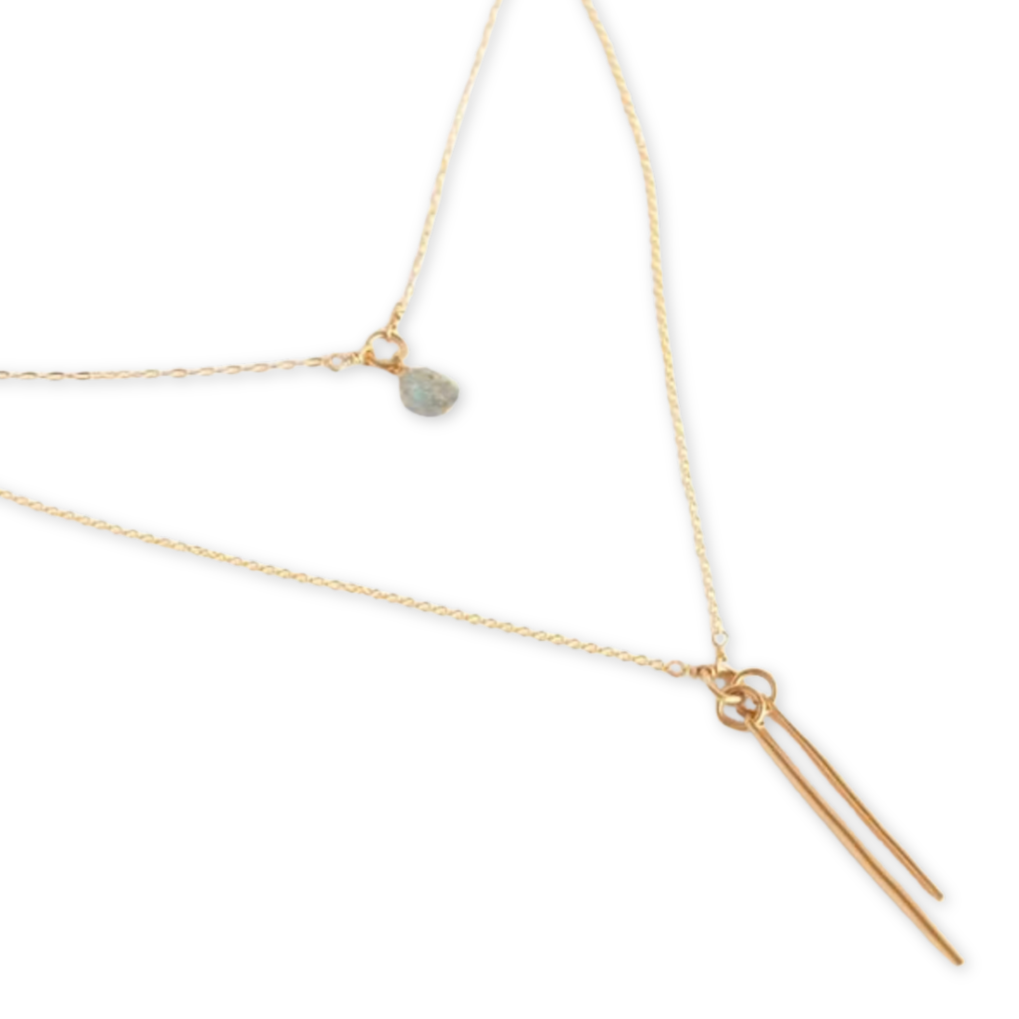double strand necklace with labradorite stone and two hanging metal sticks