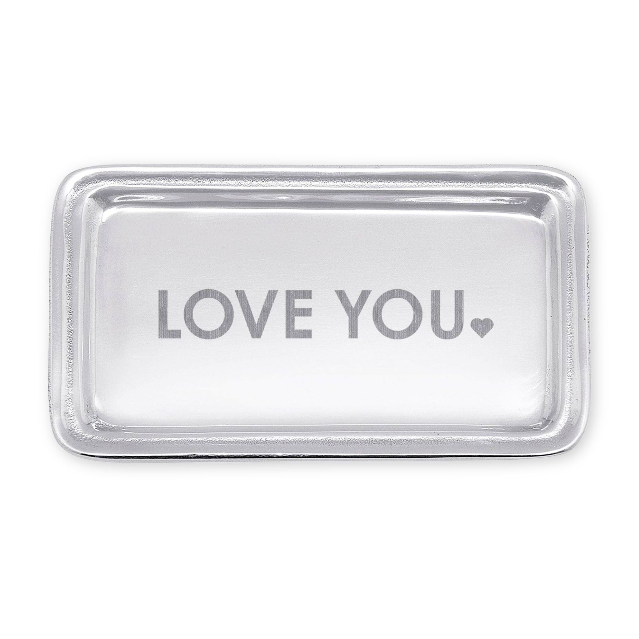 Silver tray with 'LOVE YOU' text on a white background