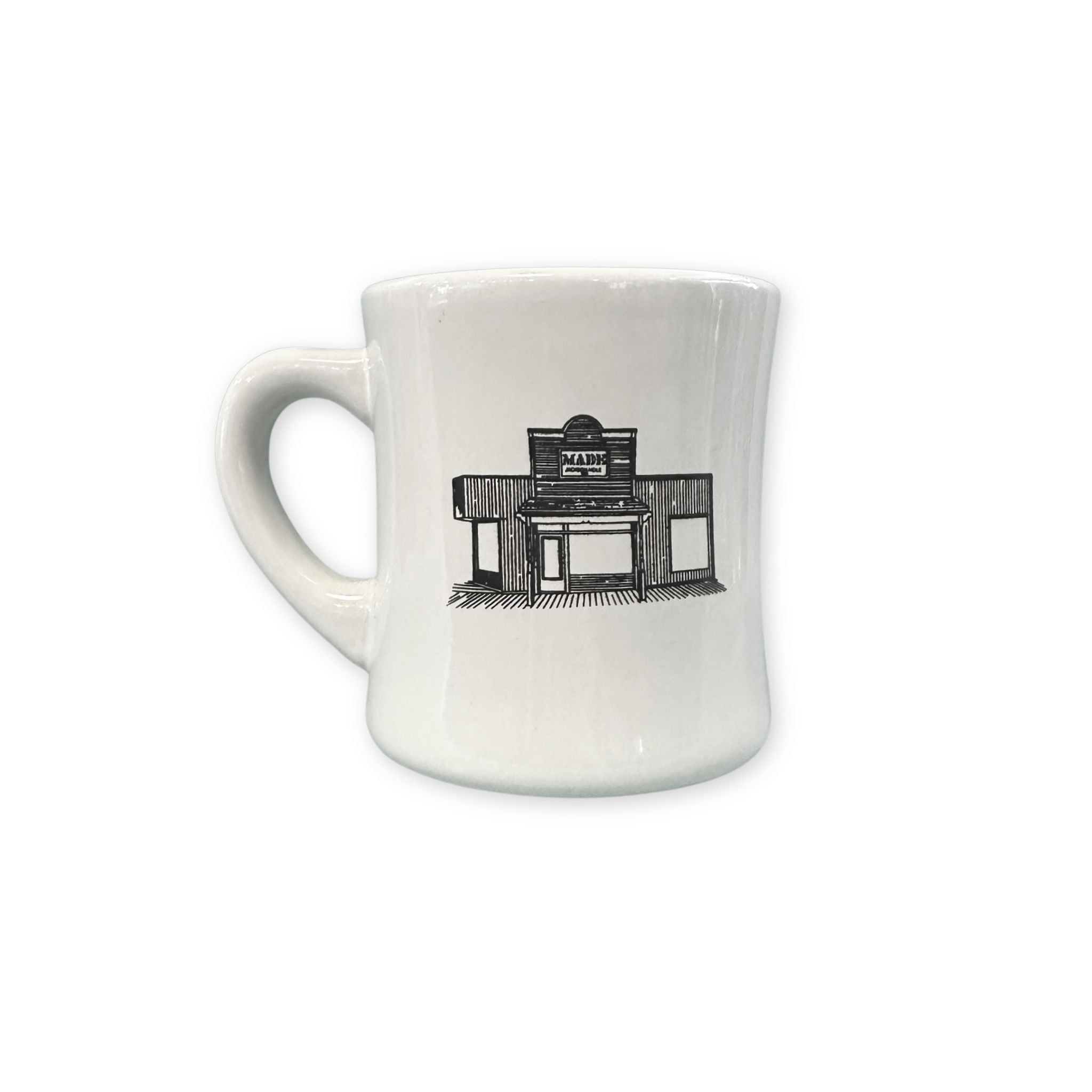 A diner style mug with the gaslight alley storefront, colors are black and white.