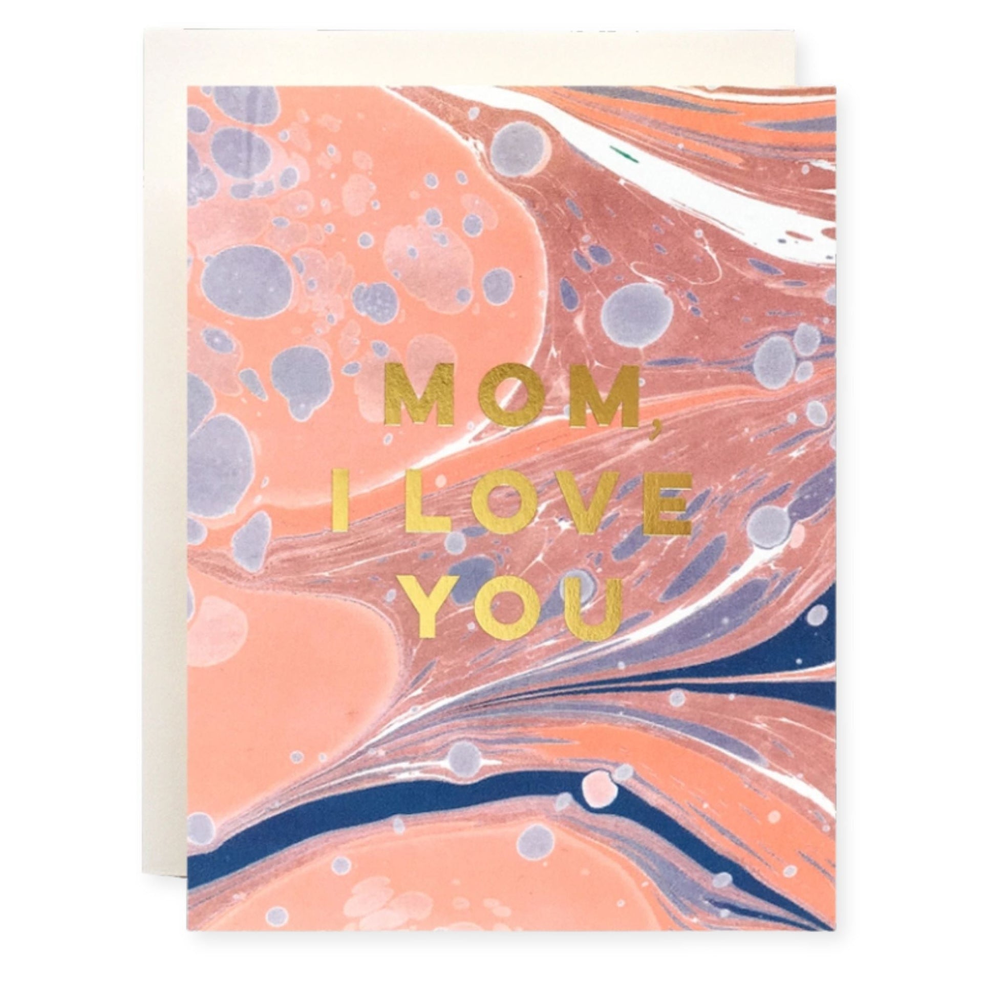 Greeting card with 'Mom I Love You' text on a marbled design