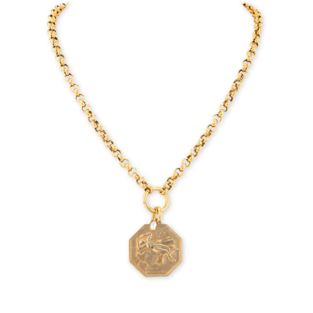 Monmarte Chunky Short Necklace by Taylor & Tessier, a gold rolo chain necklace with an octagonal coin pendant and pearl