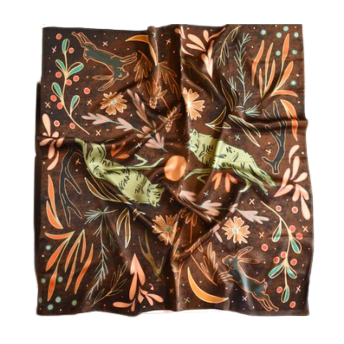 Moonlit Chase Wild Rag by Tirzah Lane, a folk-art silk scarf with a moon, two coyotes, a hare, cactus and antlers