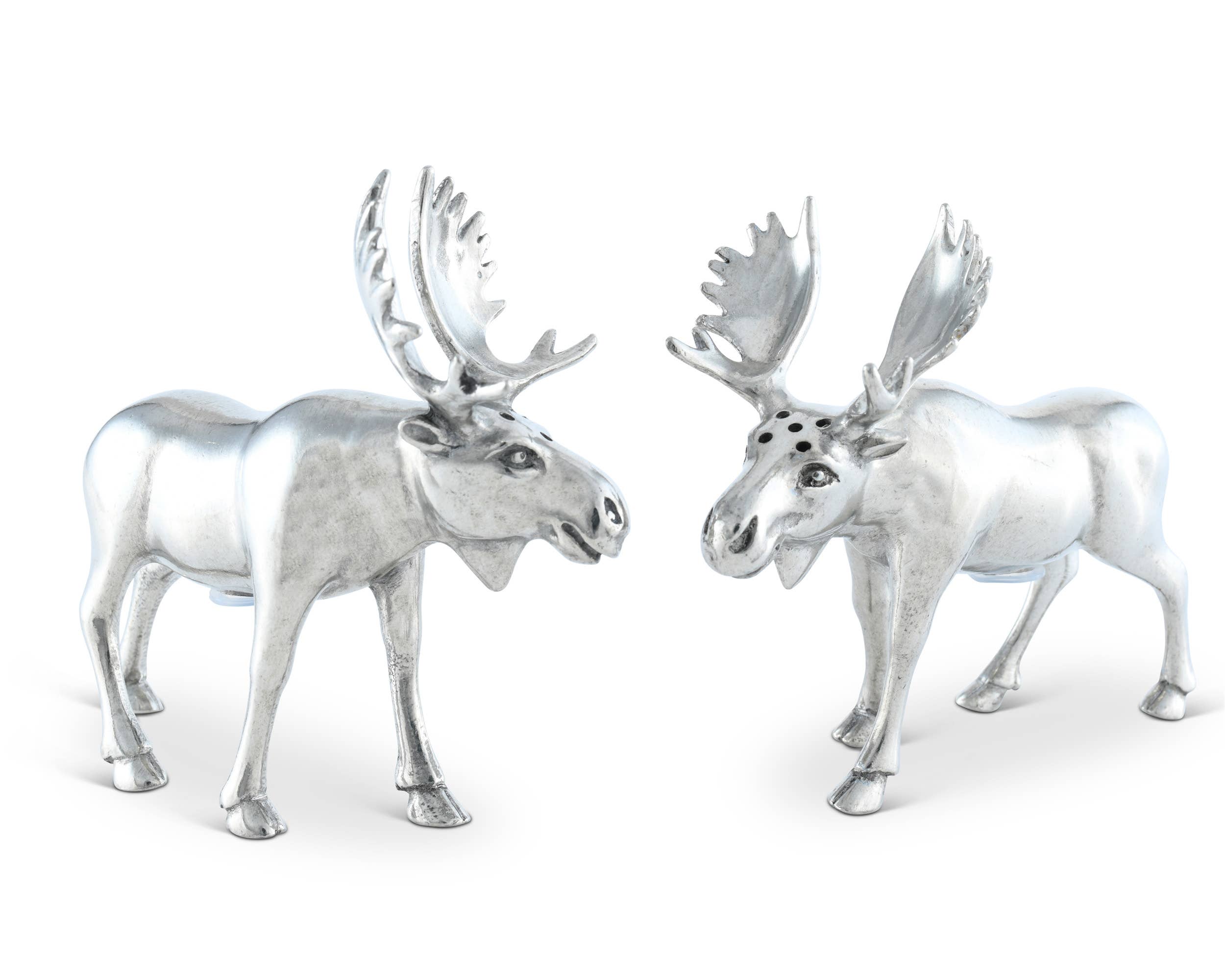 Two silver moose figurines on a white background