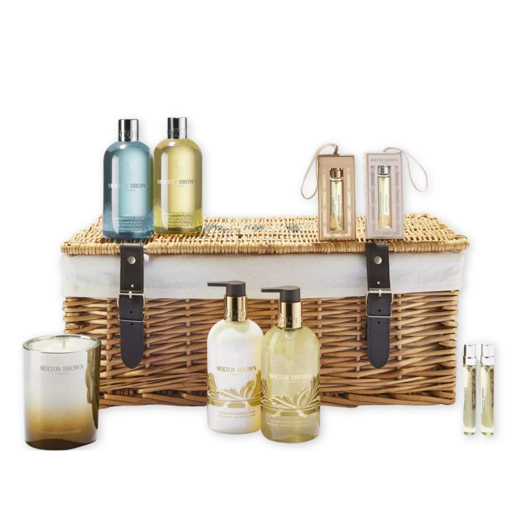 his showstopping hamper is packed with signature and returning favorites, perfume baubles and a Christmas day centerpiece candle.