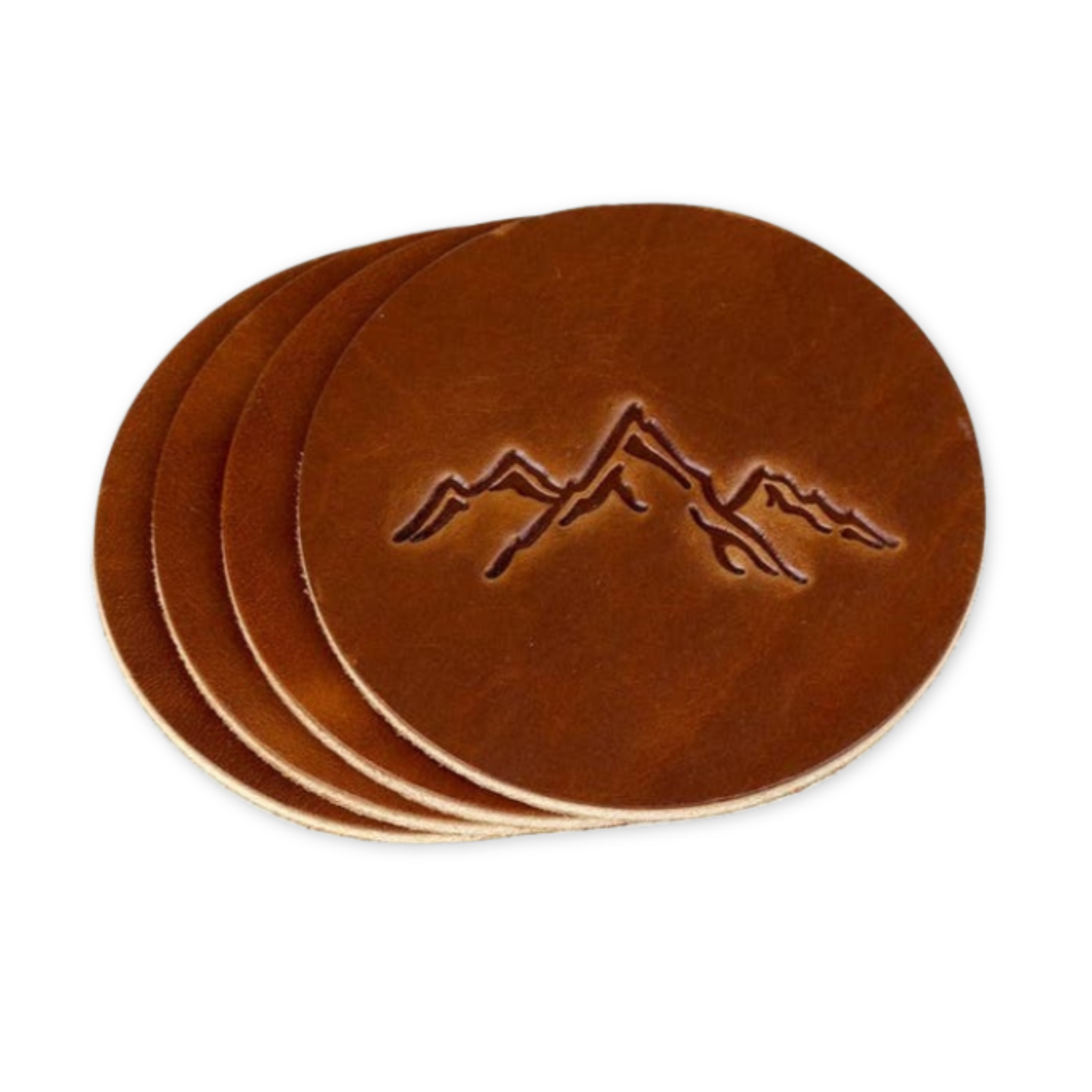 set of four leather coasters heat stamped with mountain range design