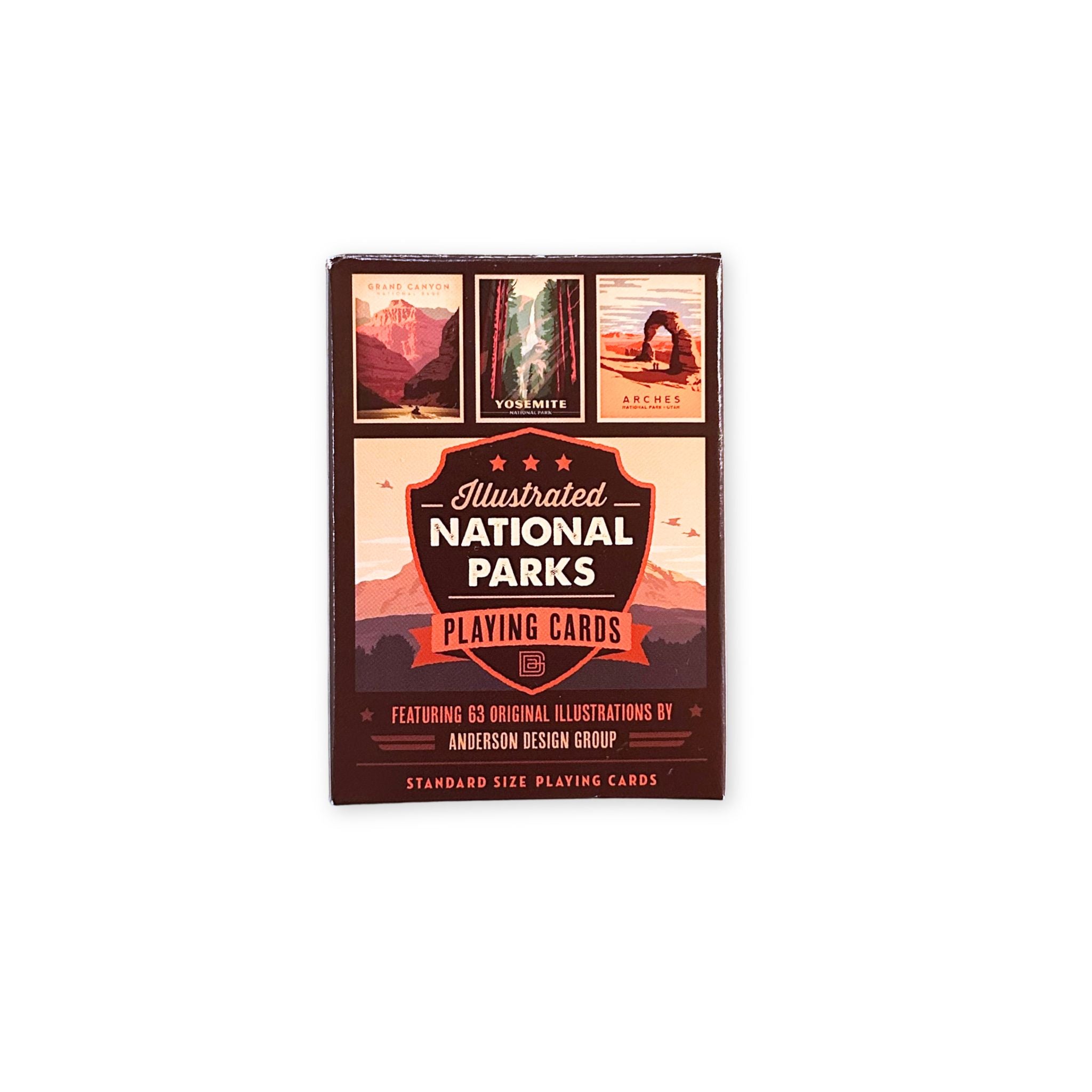 Box of Illustrated National Parks playing cards on a white background
