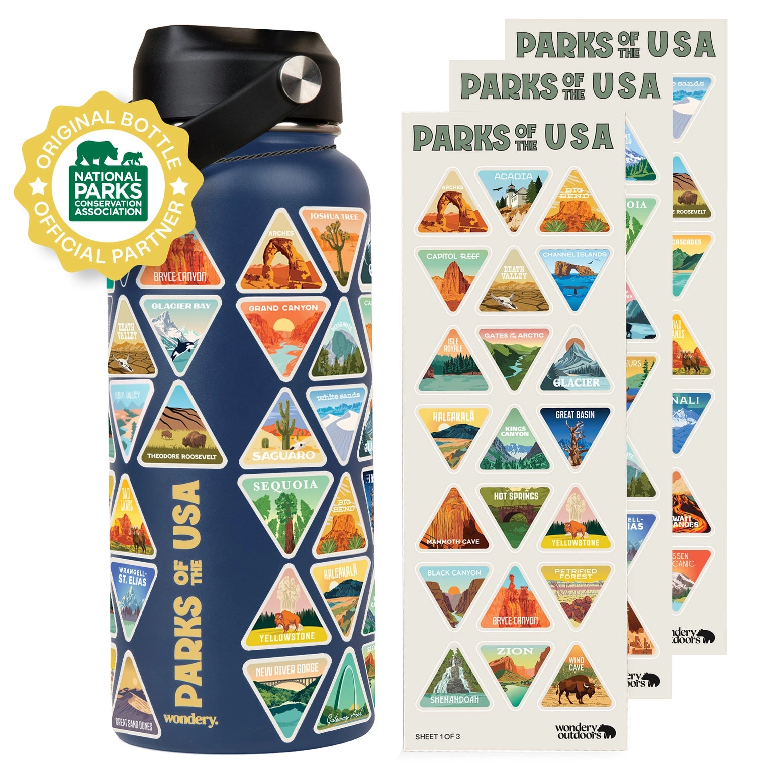 Navy water bottle with triangular park icons and matching sticker sheet on a white background