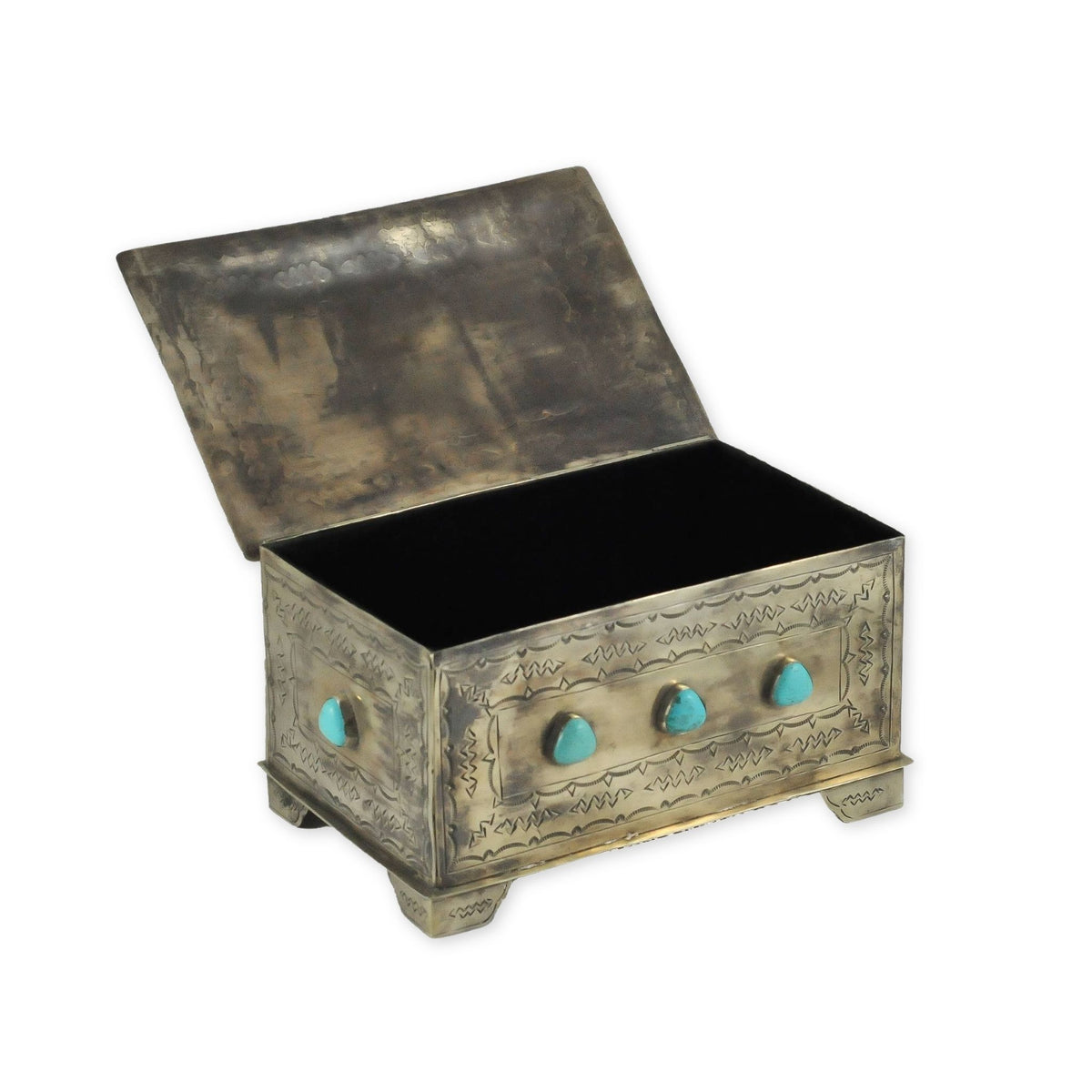 Nine Stone Box w/ Turquoise with the lid open showing the black velvet lining, hand-tooled nickel silver